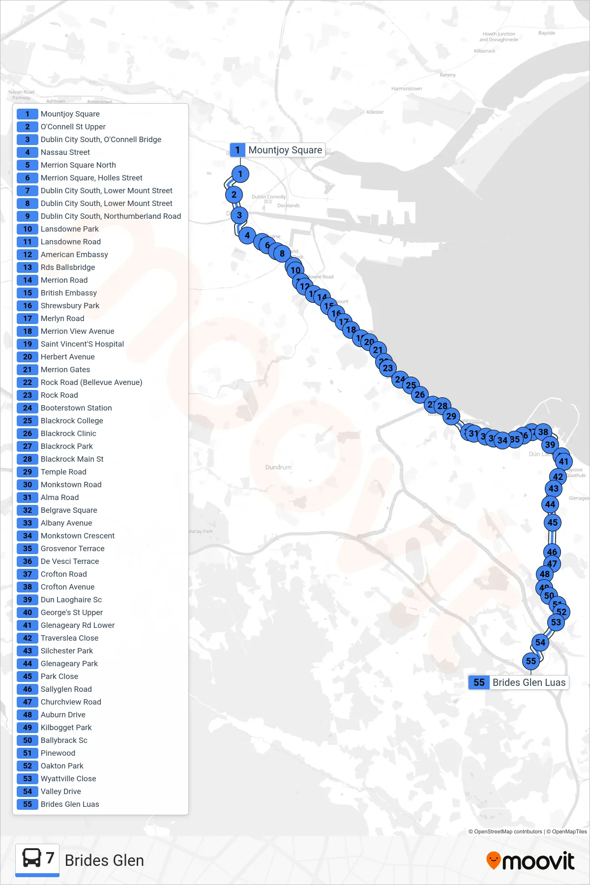 7 bus Line (Brides Glen) route and stops on a map