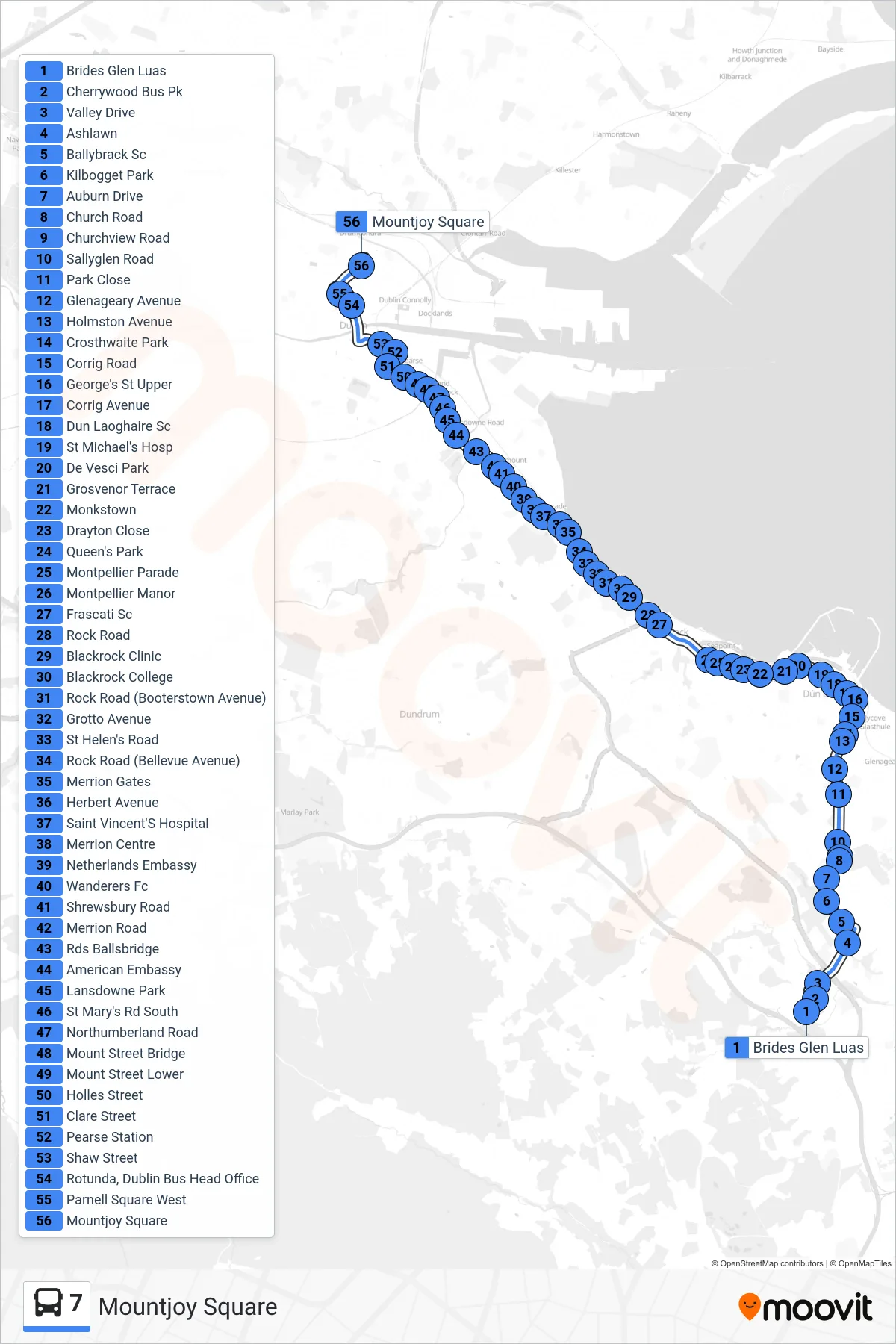 7 bus Line (Mountjoy Square) route and stops on a map