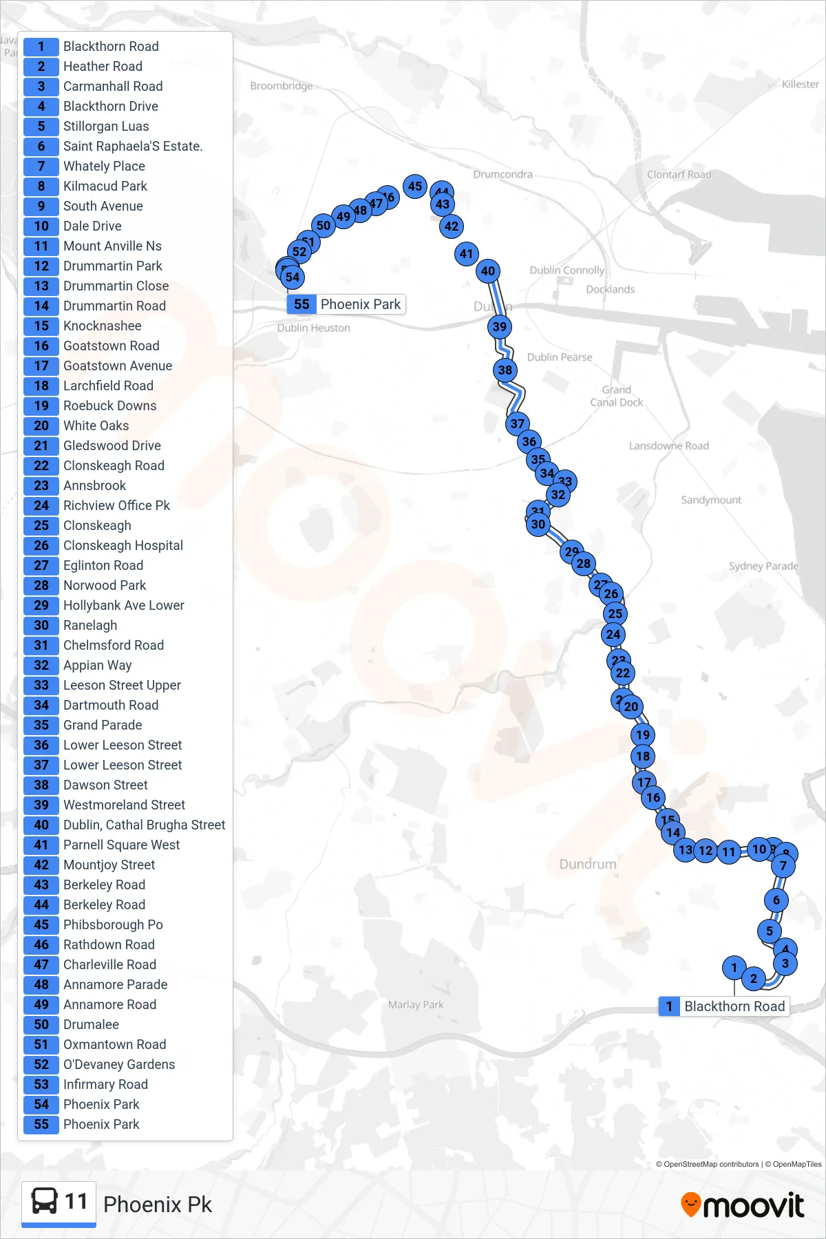 11 bus Line (Phoenix Pk) route and stops on a map