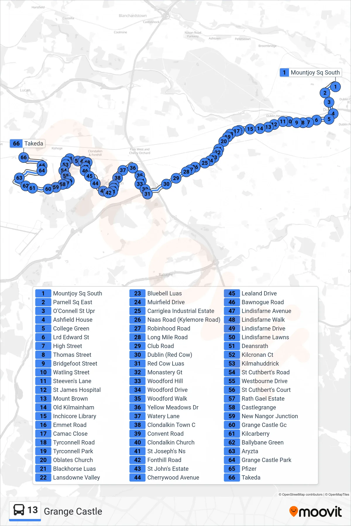 13 bus Line (Grange Castle) route and stops on a map