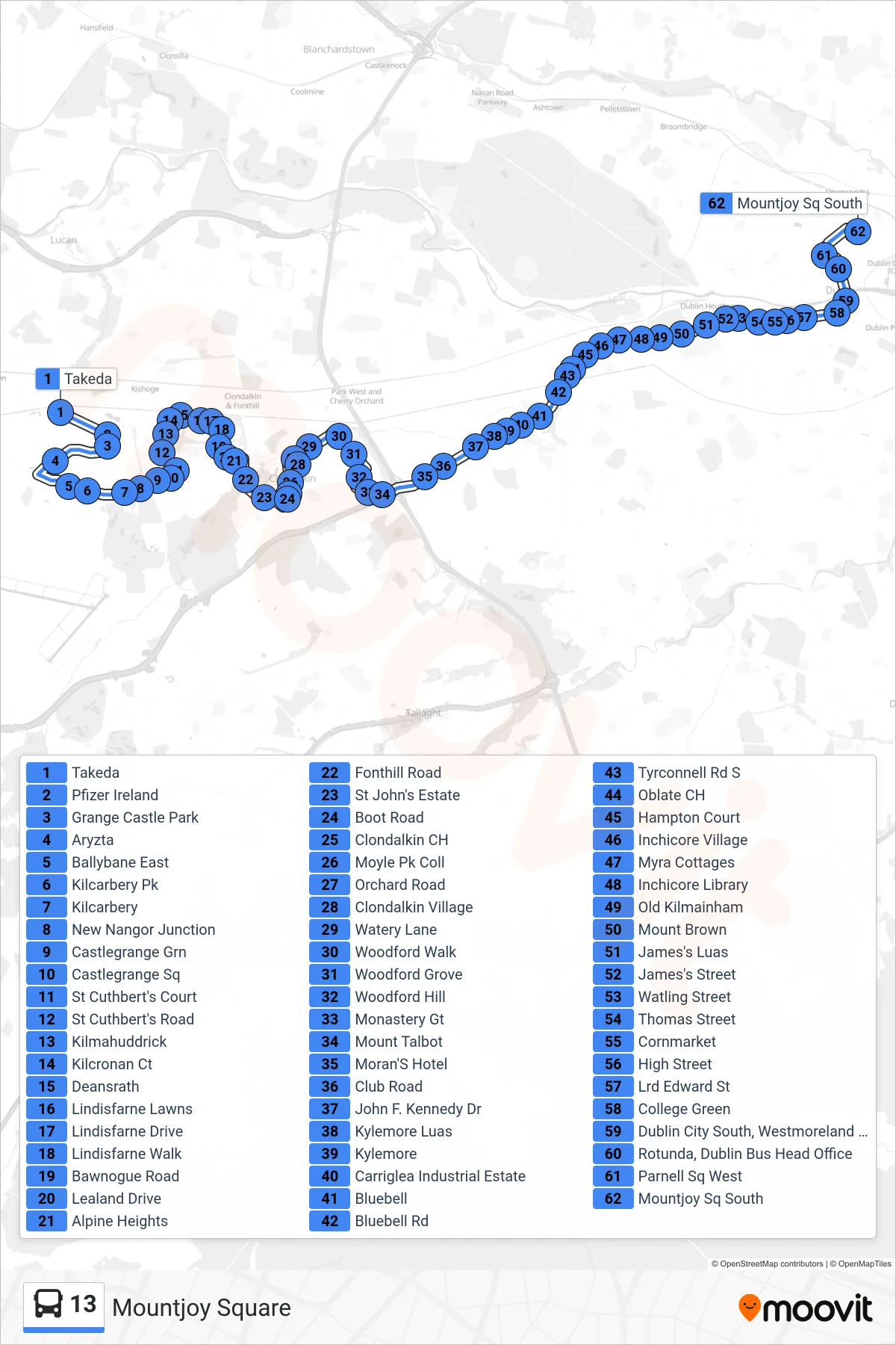 13 bus Line (Mountjoy Square) route and stops on a map