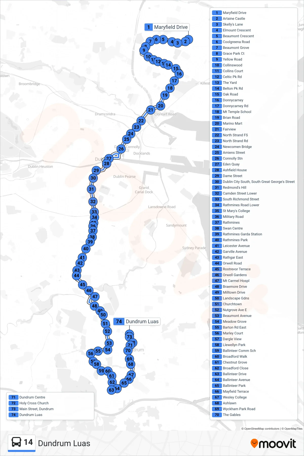 14 bus Line (Dundrum Luas) route and stops on a map