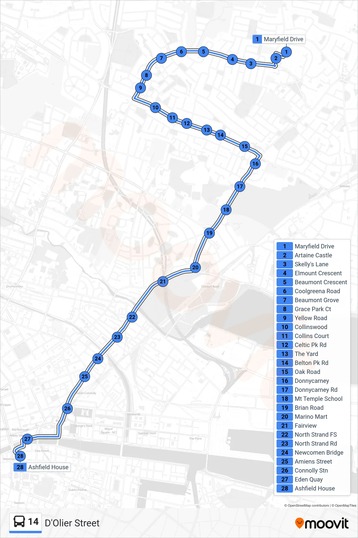 14 bus Line (D'Olier Street) route and stops on a map