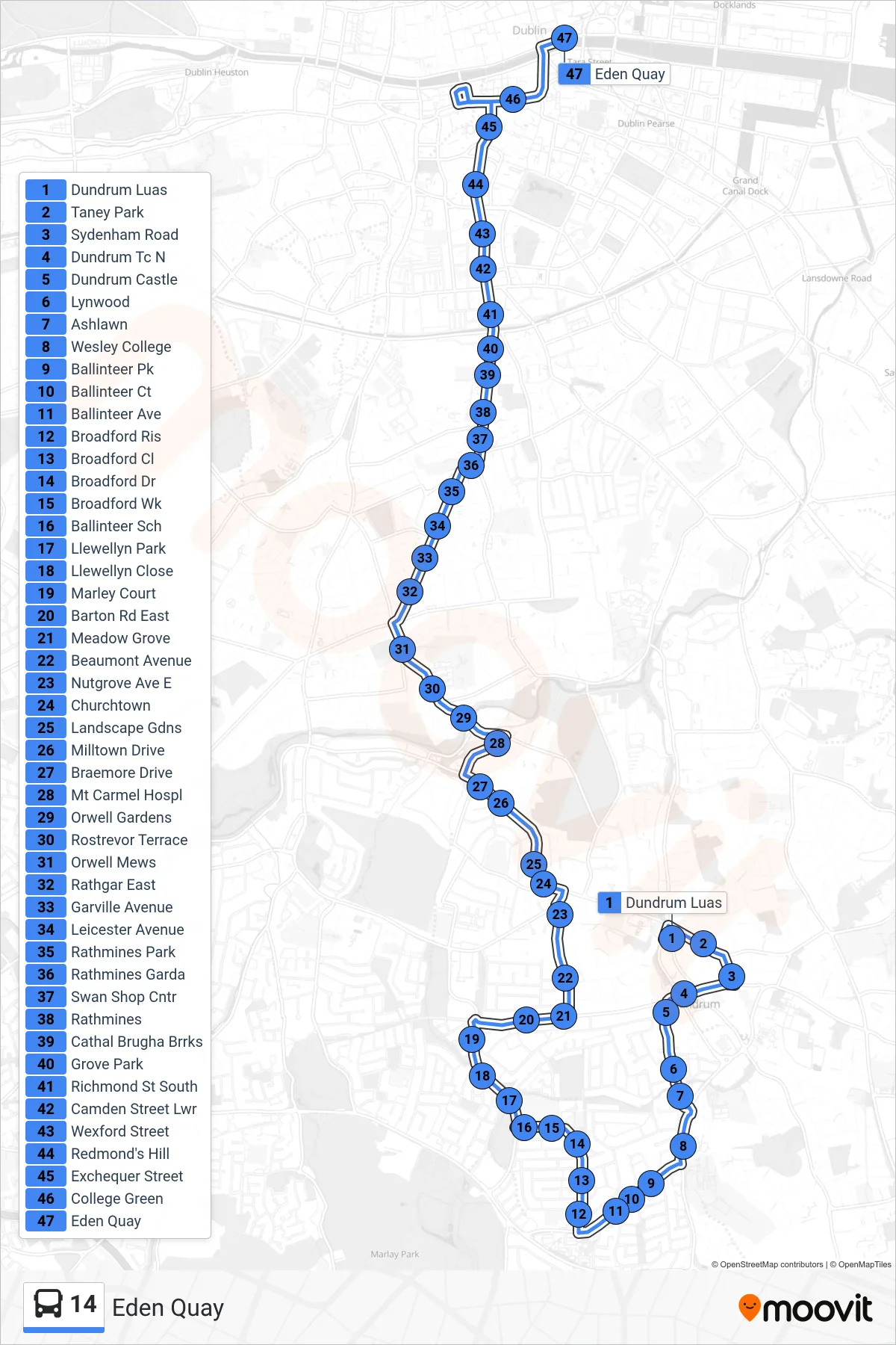 14 bus Line (Eden Quay) route and stops on a map