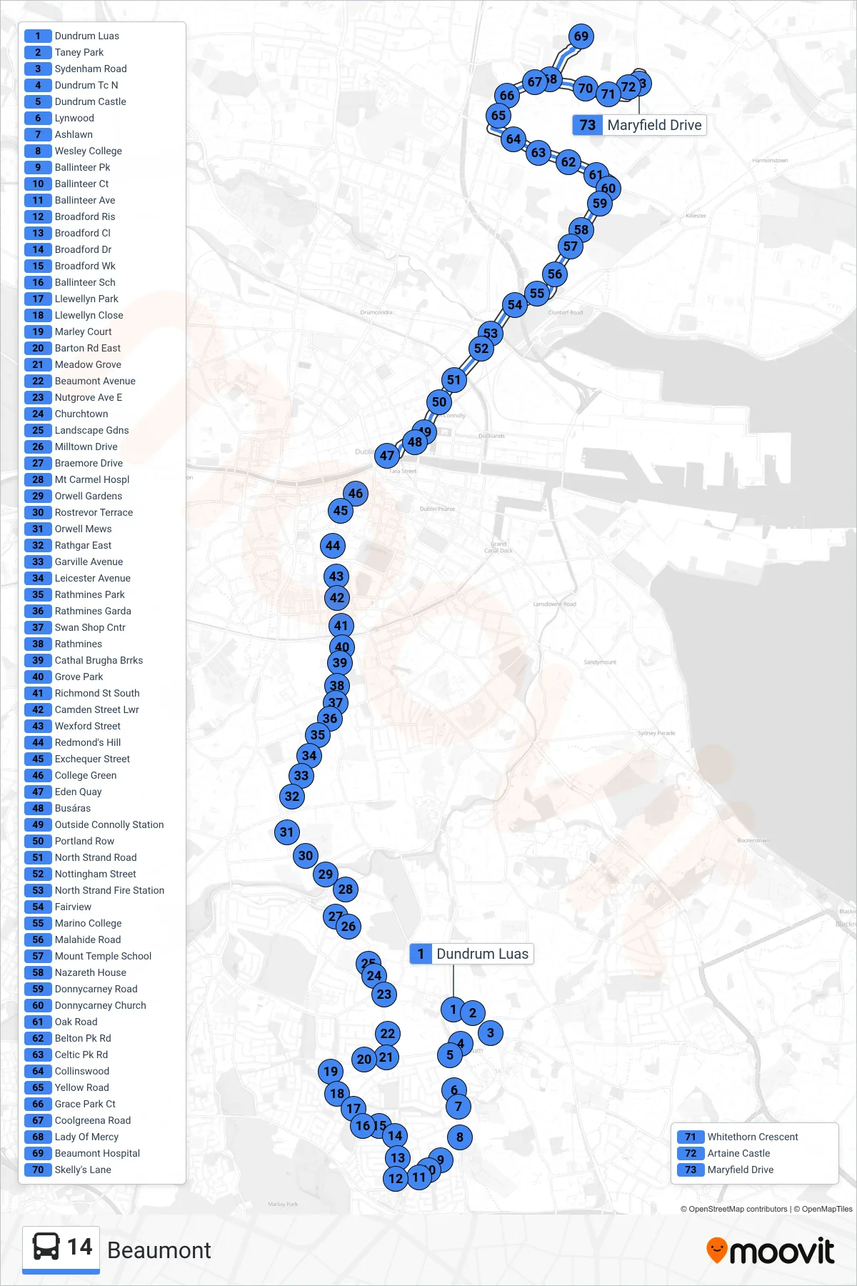 14 bus Line (Beaumont) route and stops on a map