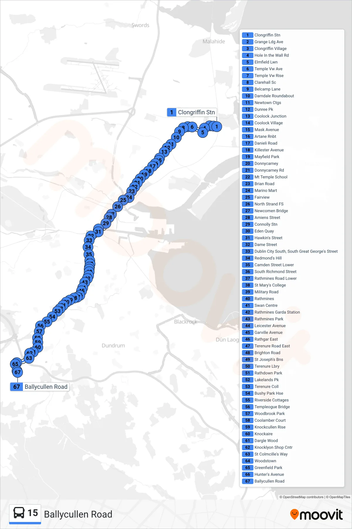 15 bus Line (Ballycullen Road) route and stops on a map