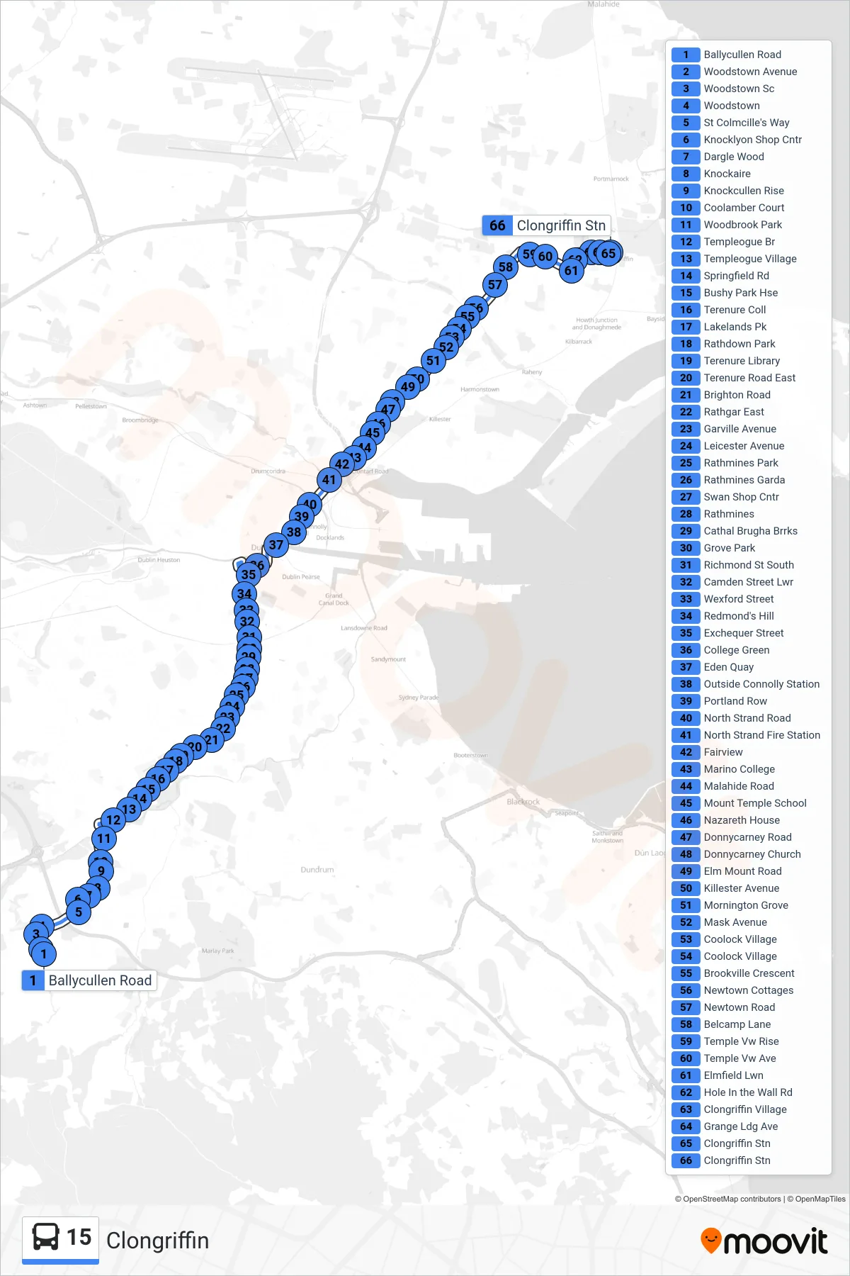 15 bus Line (Clongriffin) route and stops on a map
