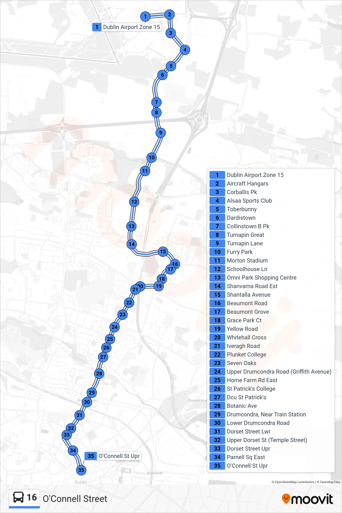 16 bus Line (O'Connell Street) route and stops on a map