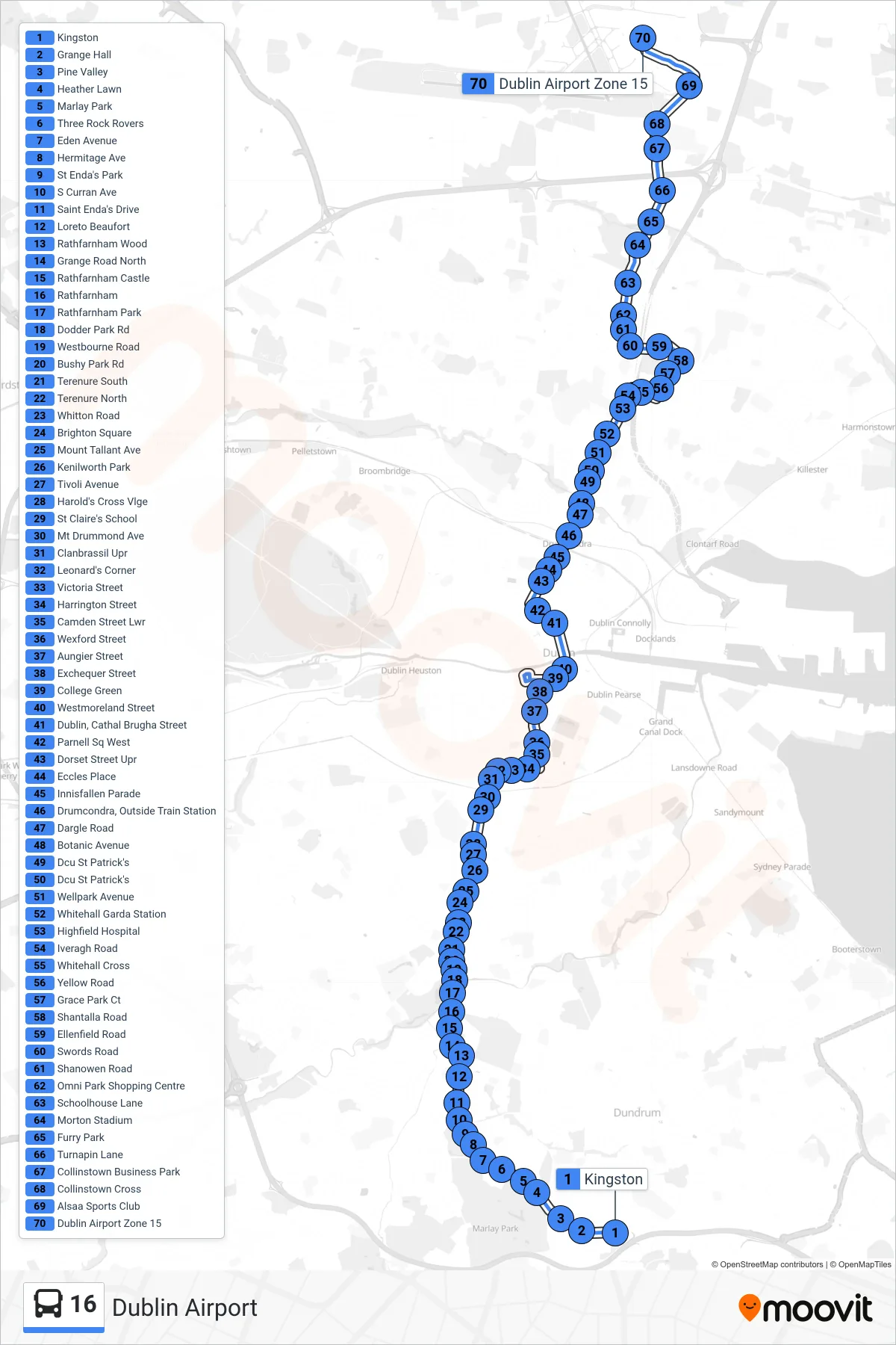 16 bus Line (Dublin Airport) route and stops on a map