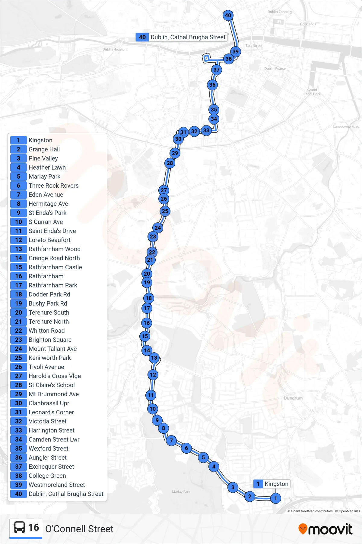 16 bus Line (O'Connell Street) route and stops on a map