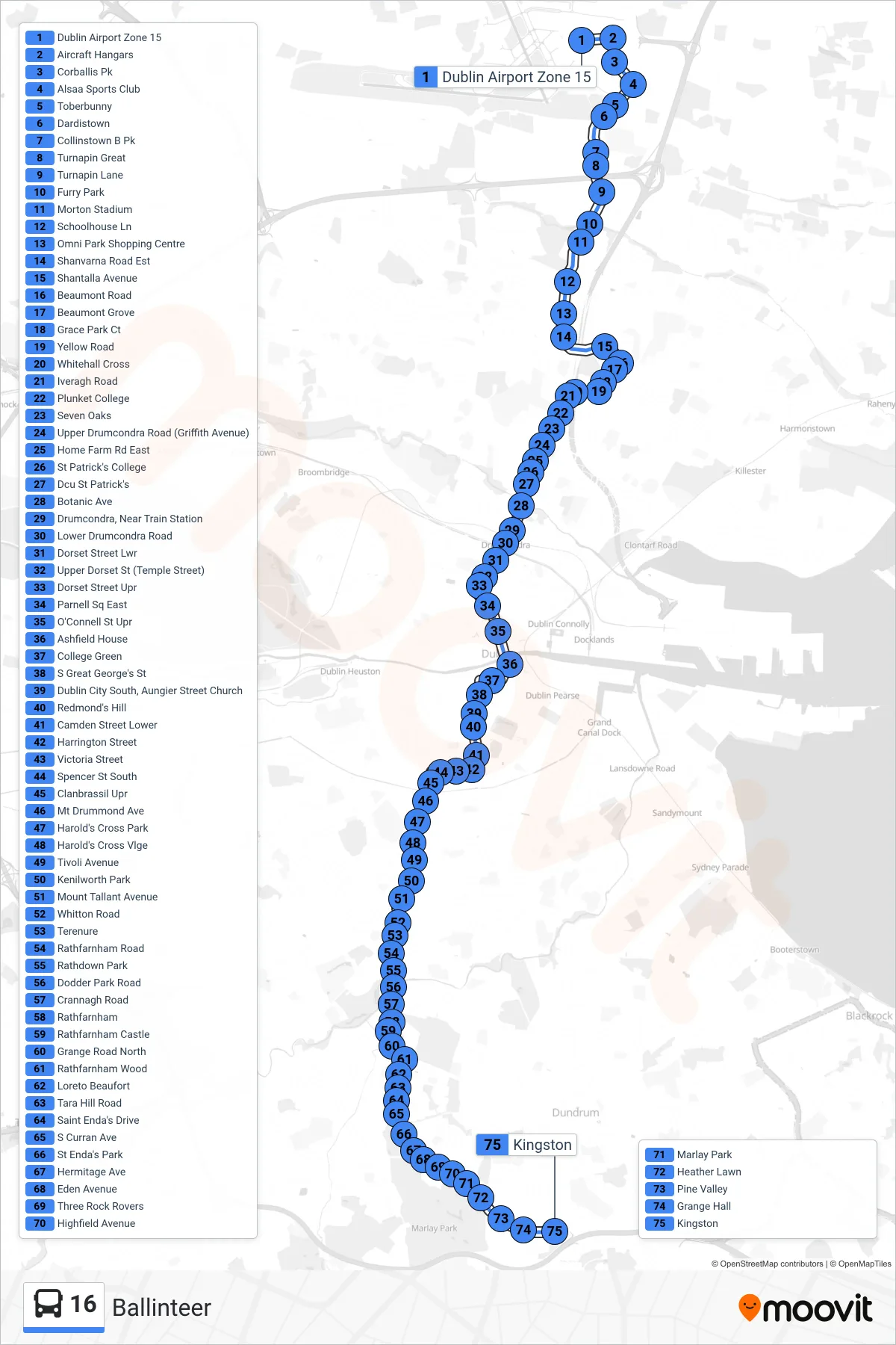 16 bus Line (Ballinteer) route and stops on a map