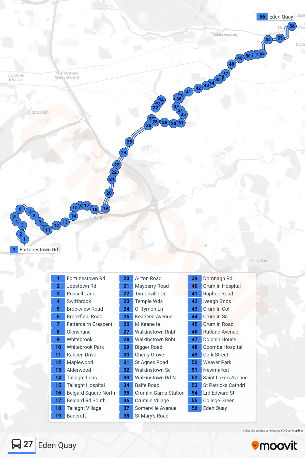 27 bus Line (Eden Quay) route and stops on a map