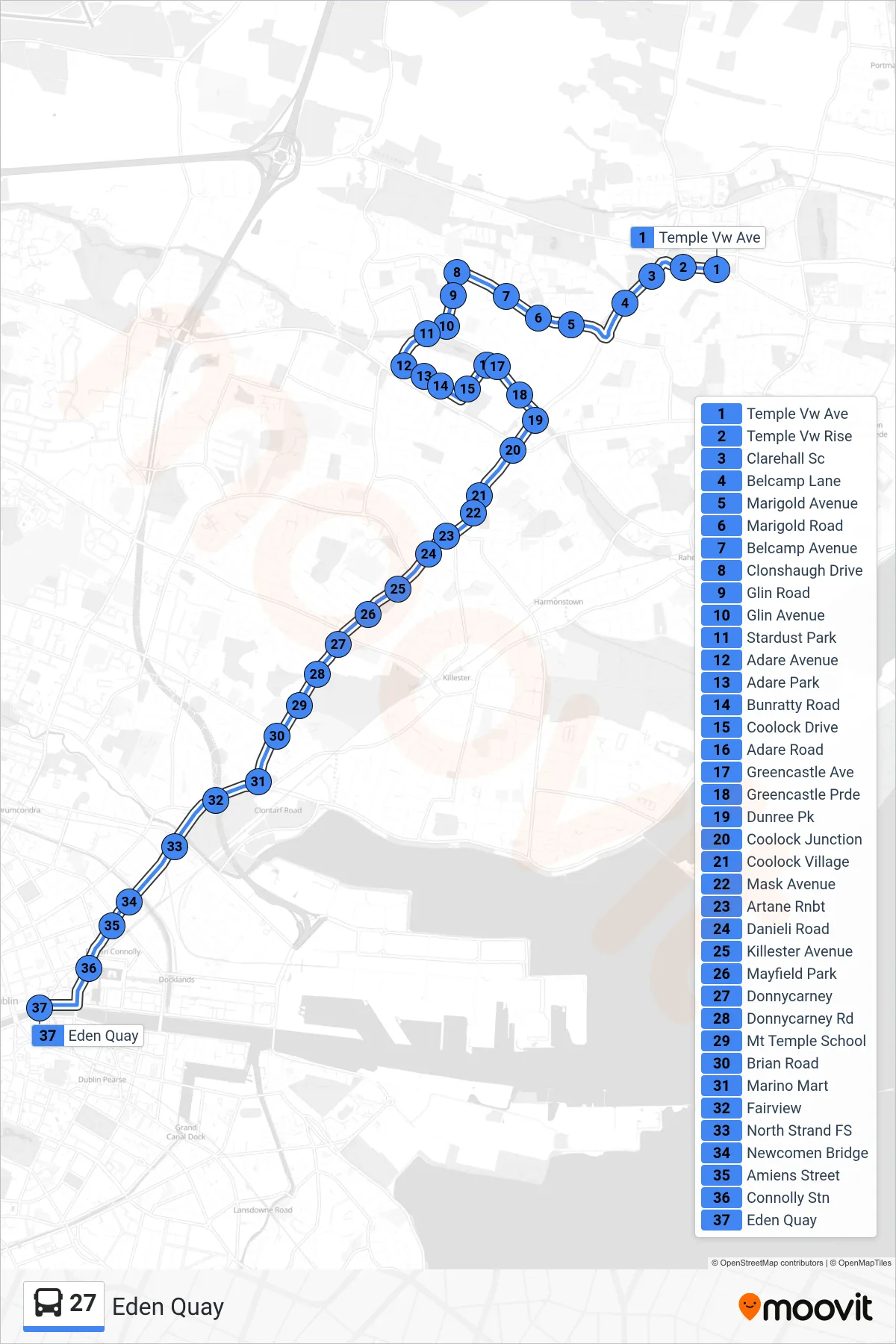 27 bus Line (Eden Quay) route and stops on a map