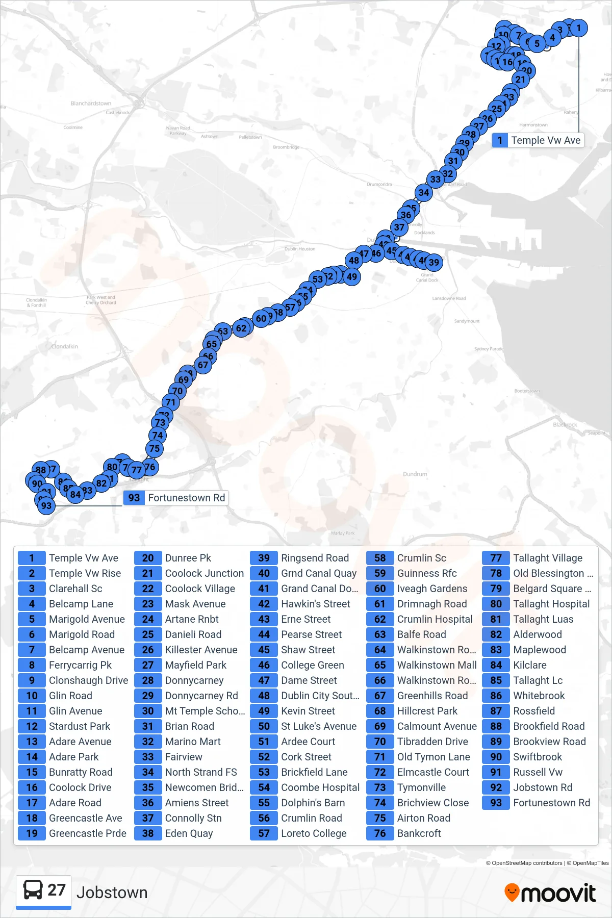 27 bus Line (Jobstown) route and stops on a map