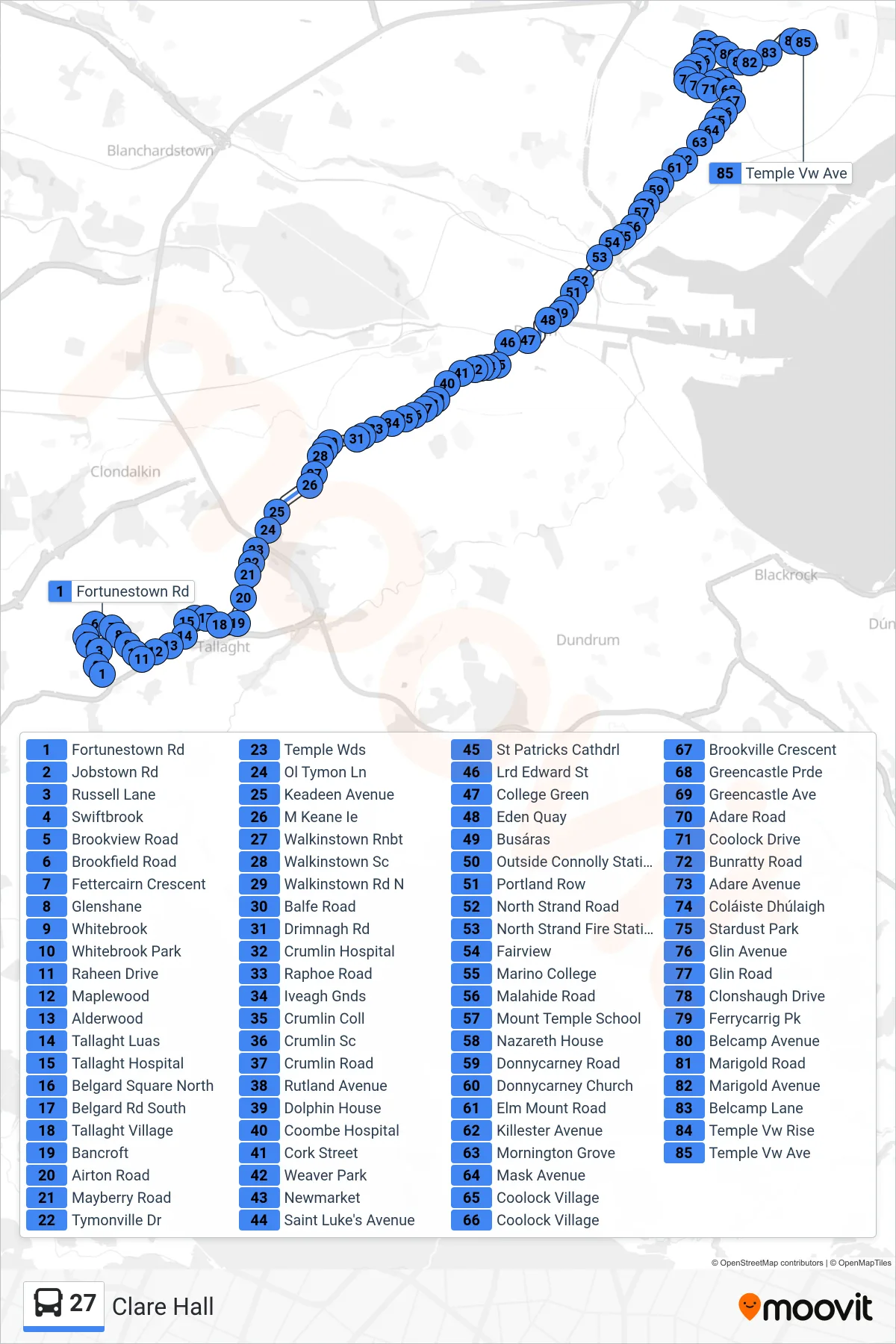 27 bus Line (Clare Hall) route and stops on a map