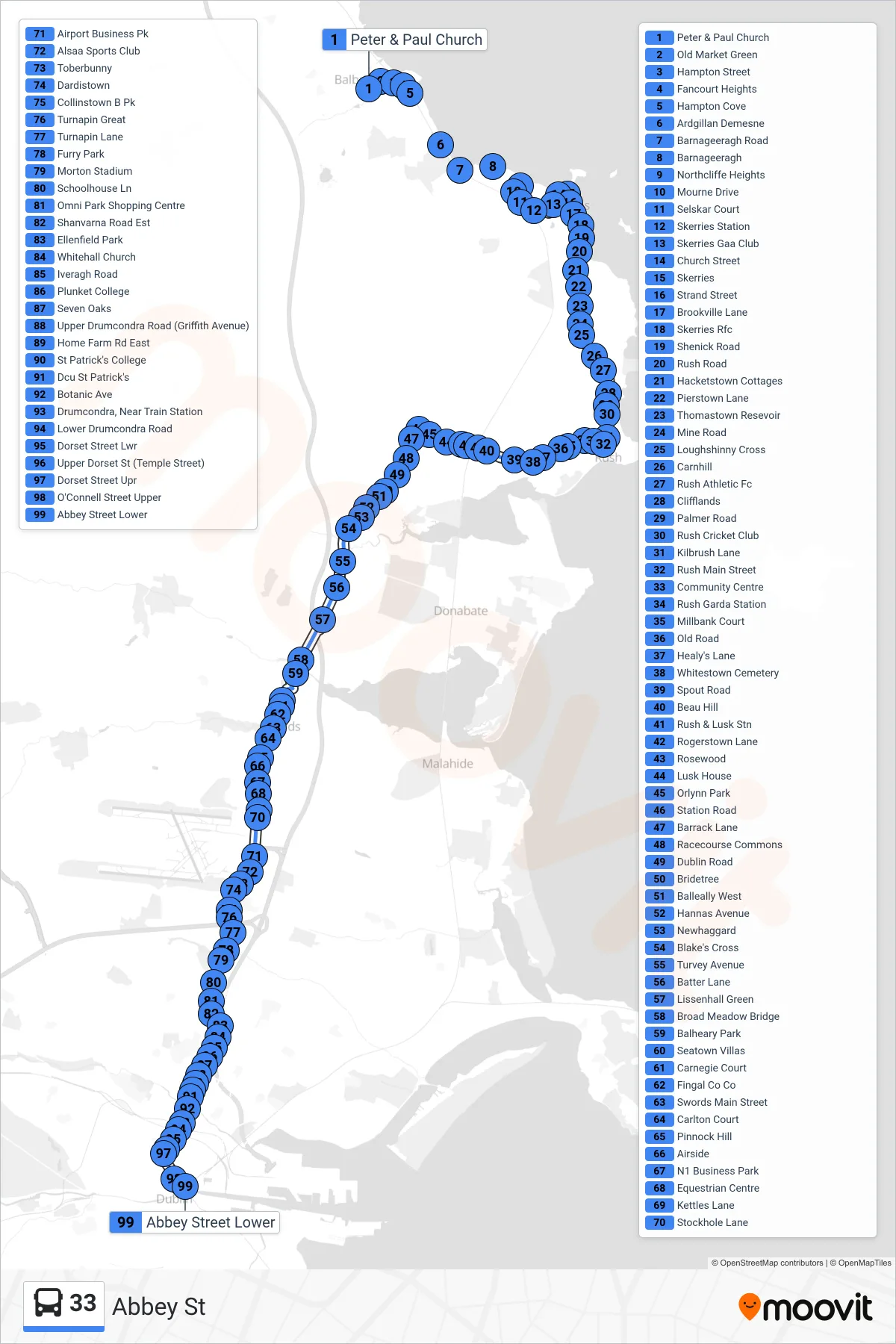 33 bus Line (Abbey St) route and stops on a map