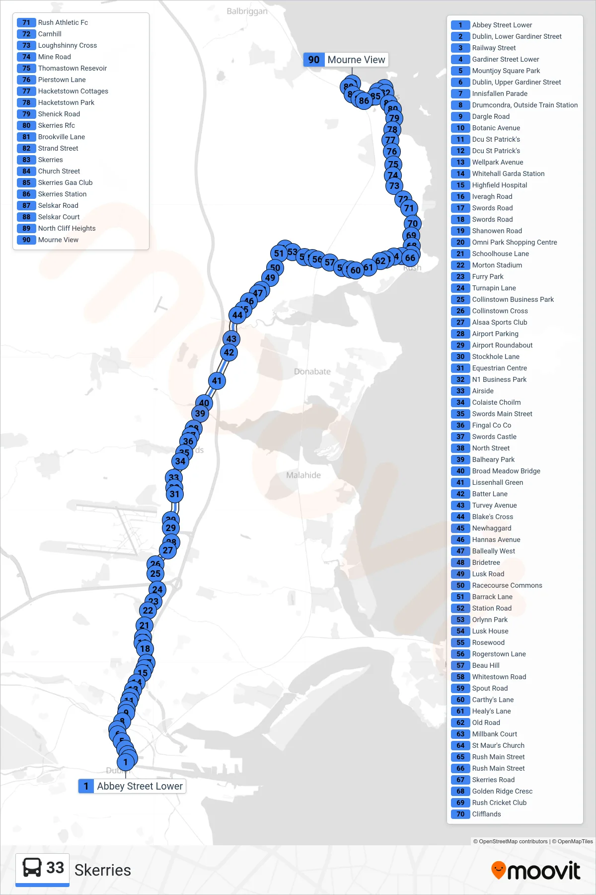 33 bus Line (Skerries) route and stops on a map