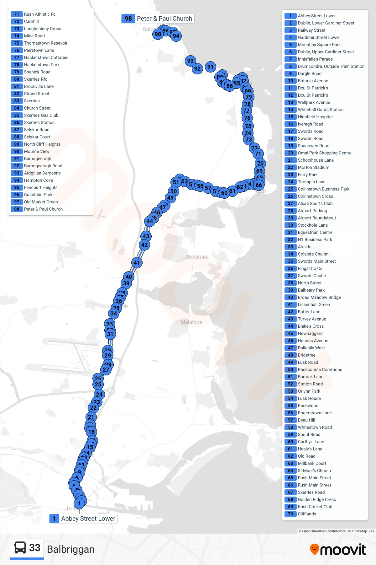 33 bus Line (Balbriggan) route and stops on a map