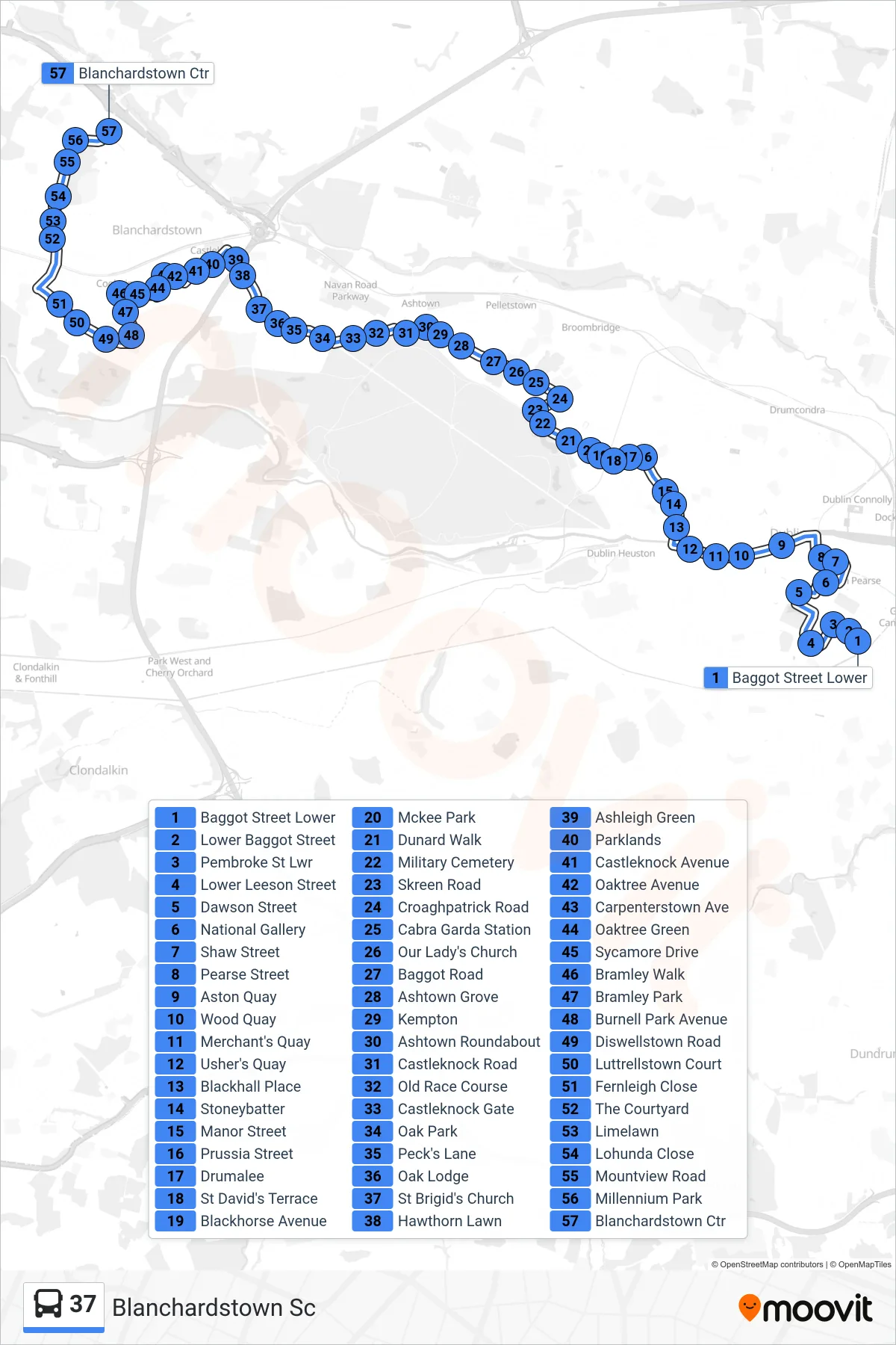 37 bus Line (Blanchardstown Sc) route and stops on a map