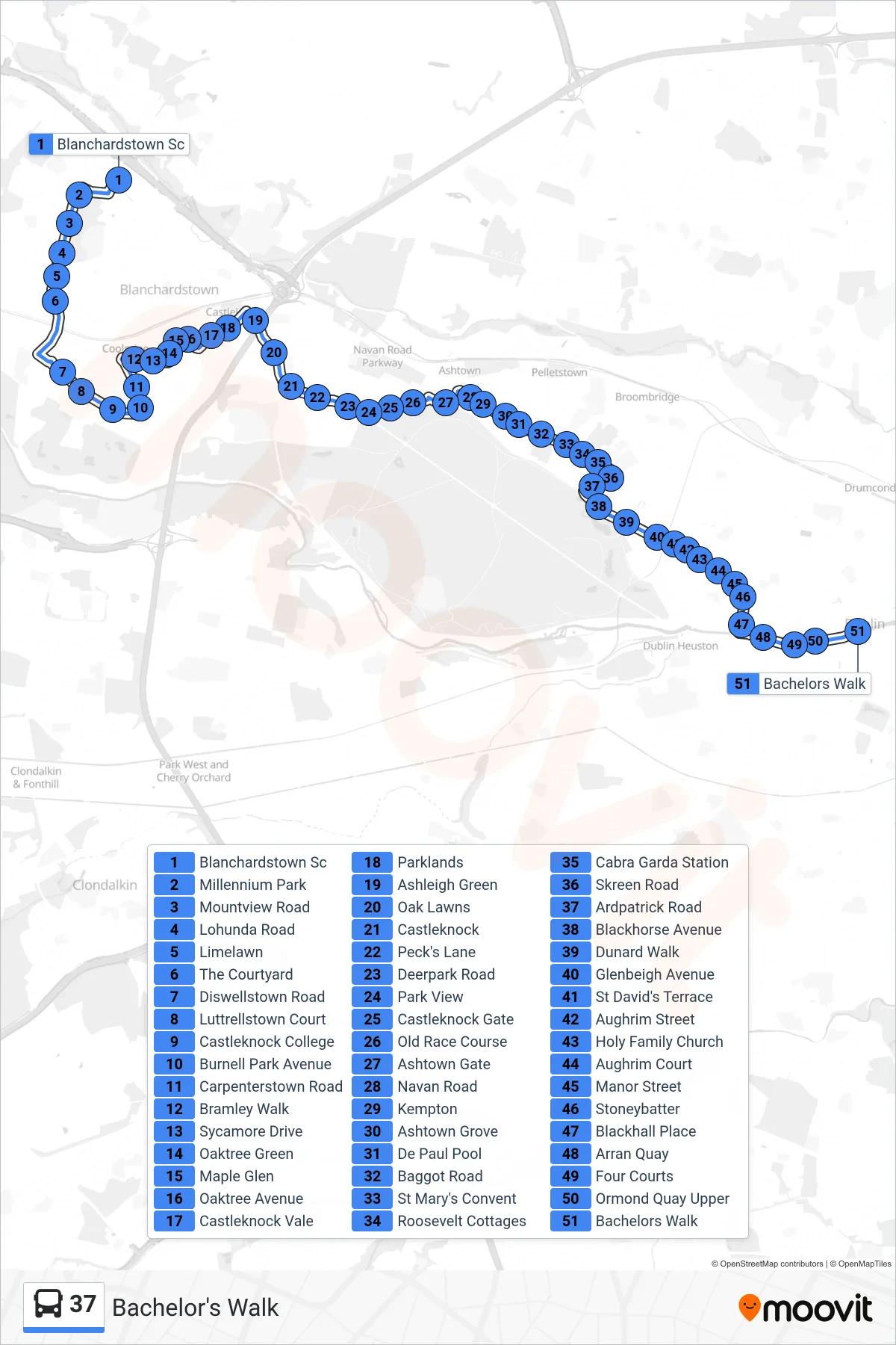 37 bus Line (Bachelor's Walk) route and stops on a map