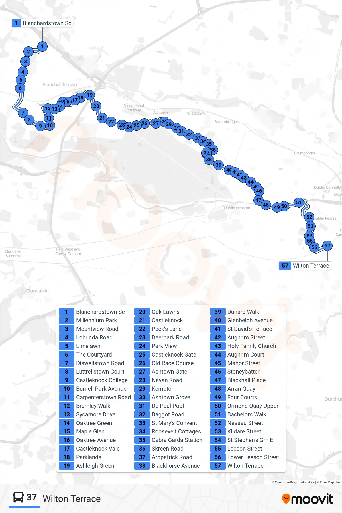 37 bus Line (Wilton Terrace) route and stops on a map
