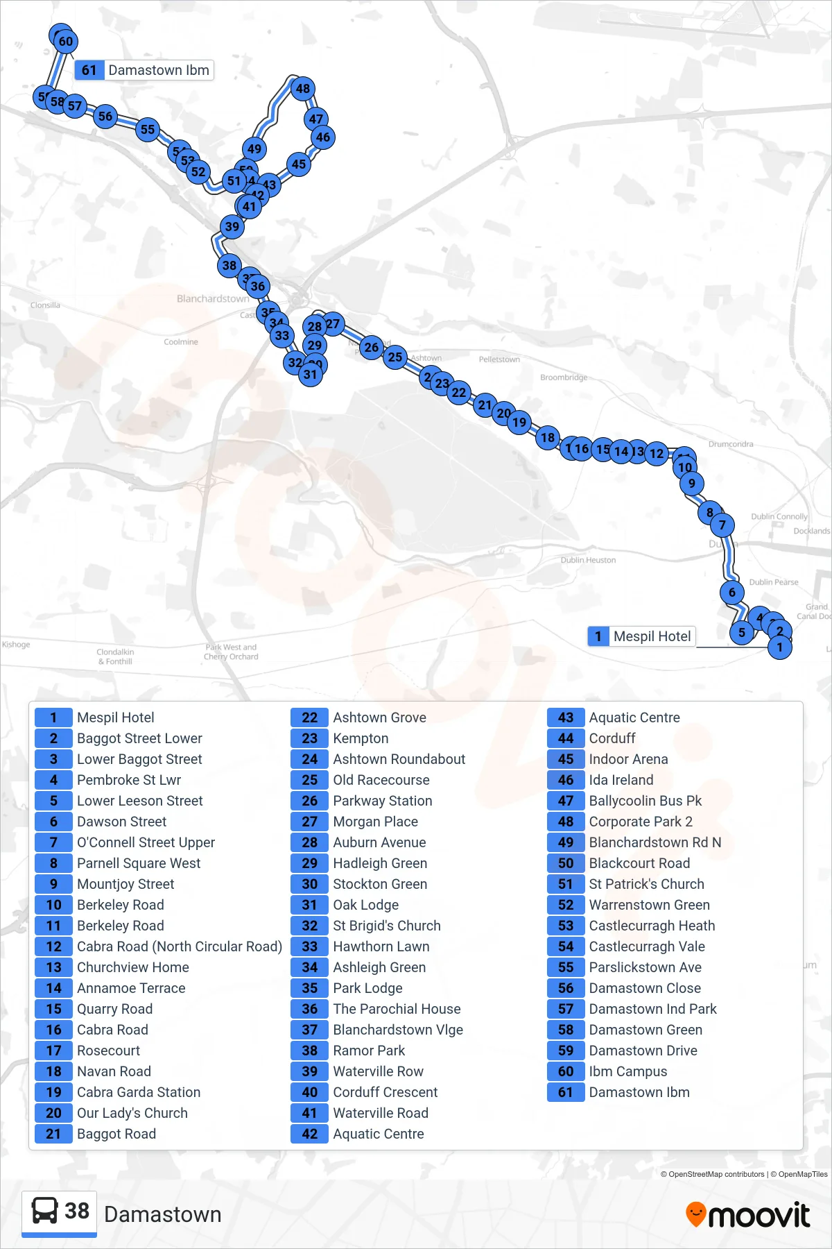 38 bus Line (Damastown) route and stops on a map