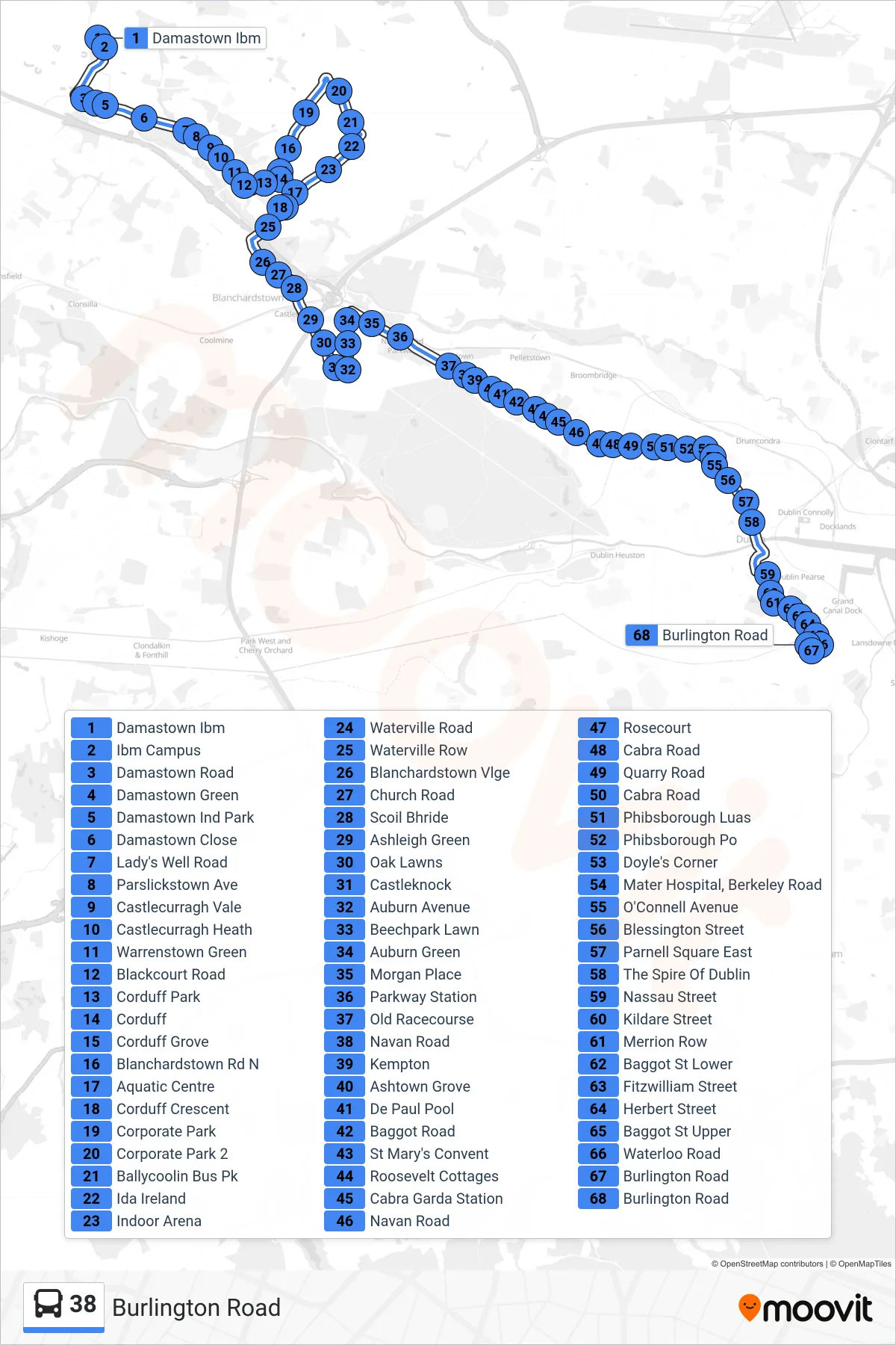 38 bus Line (Burlington Road) route and stops on a map