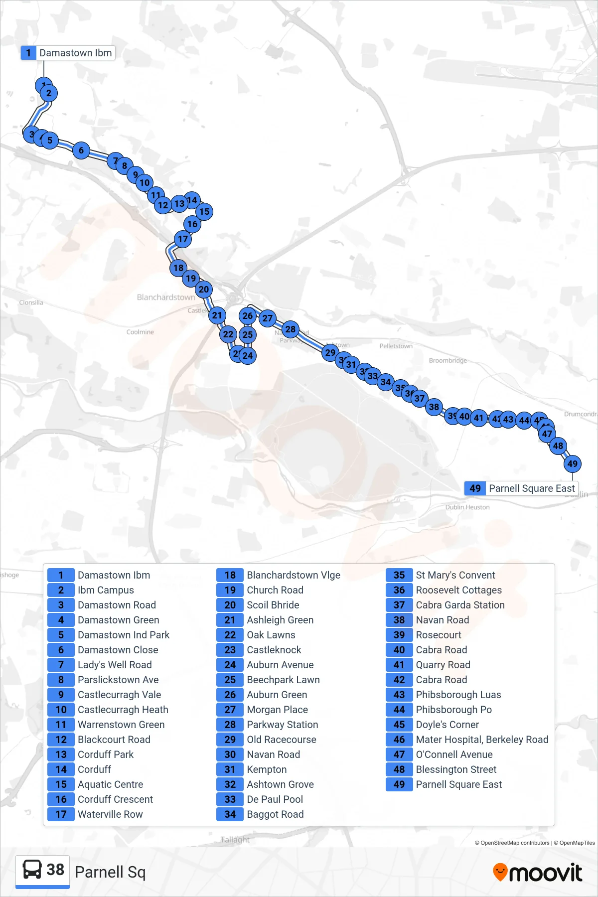 38 bus Line (Parnell Sq) route and stops on a map