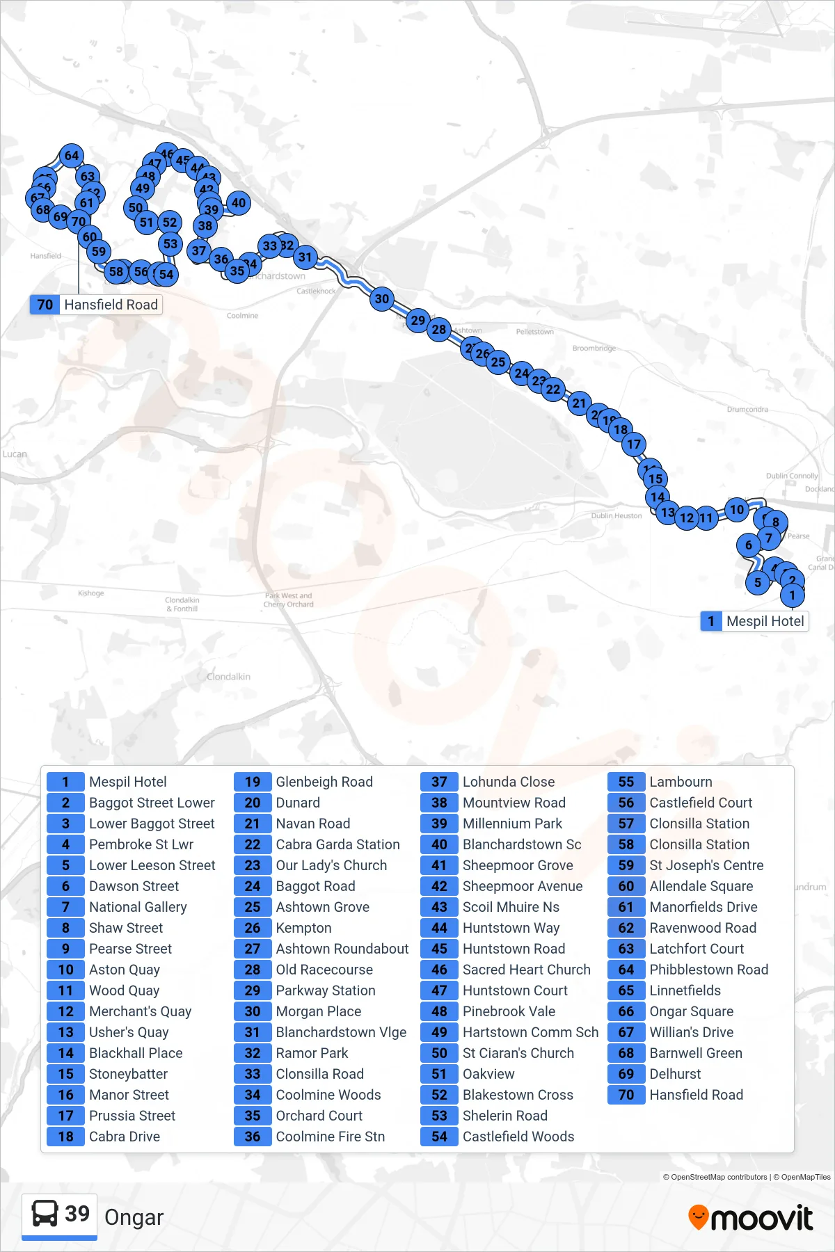 39 bus Line (Ongar) route and stops on a map