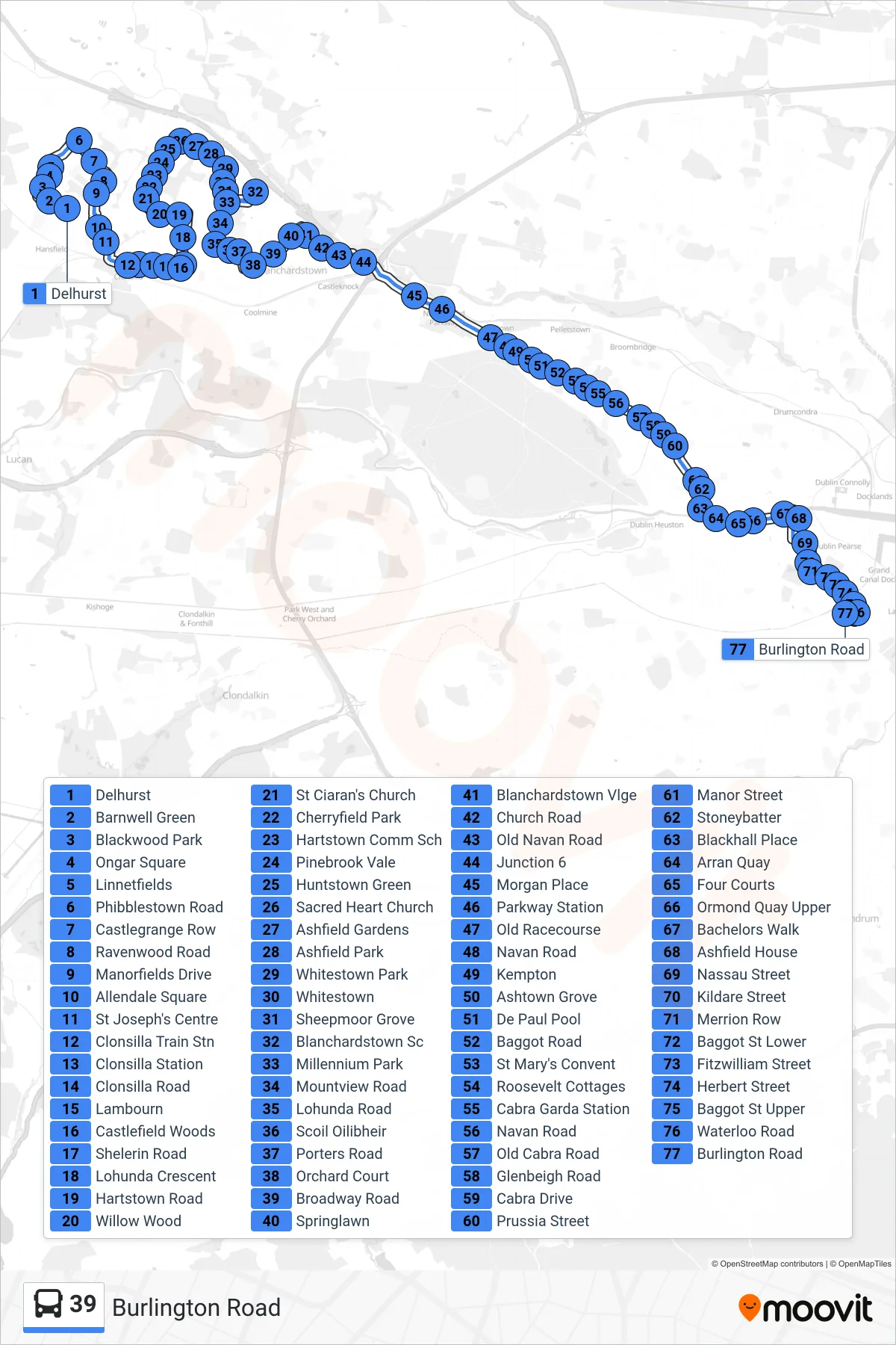 39 bus Line (Burlington Road) route and stops on a map