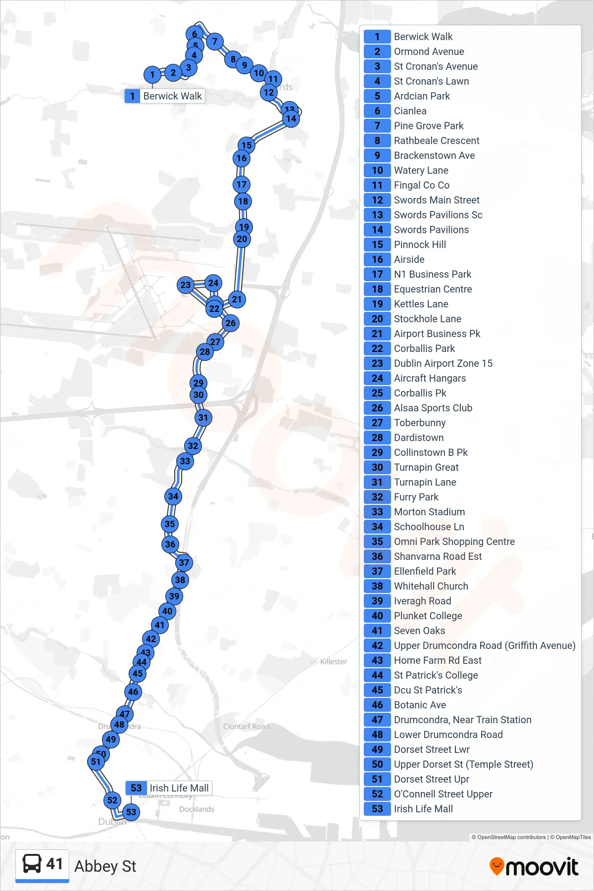 41 bus Line (Abbey St) route and stops on a map