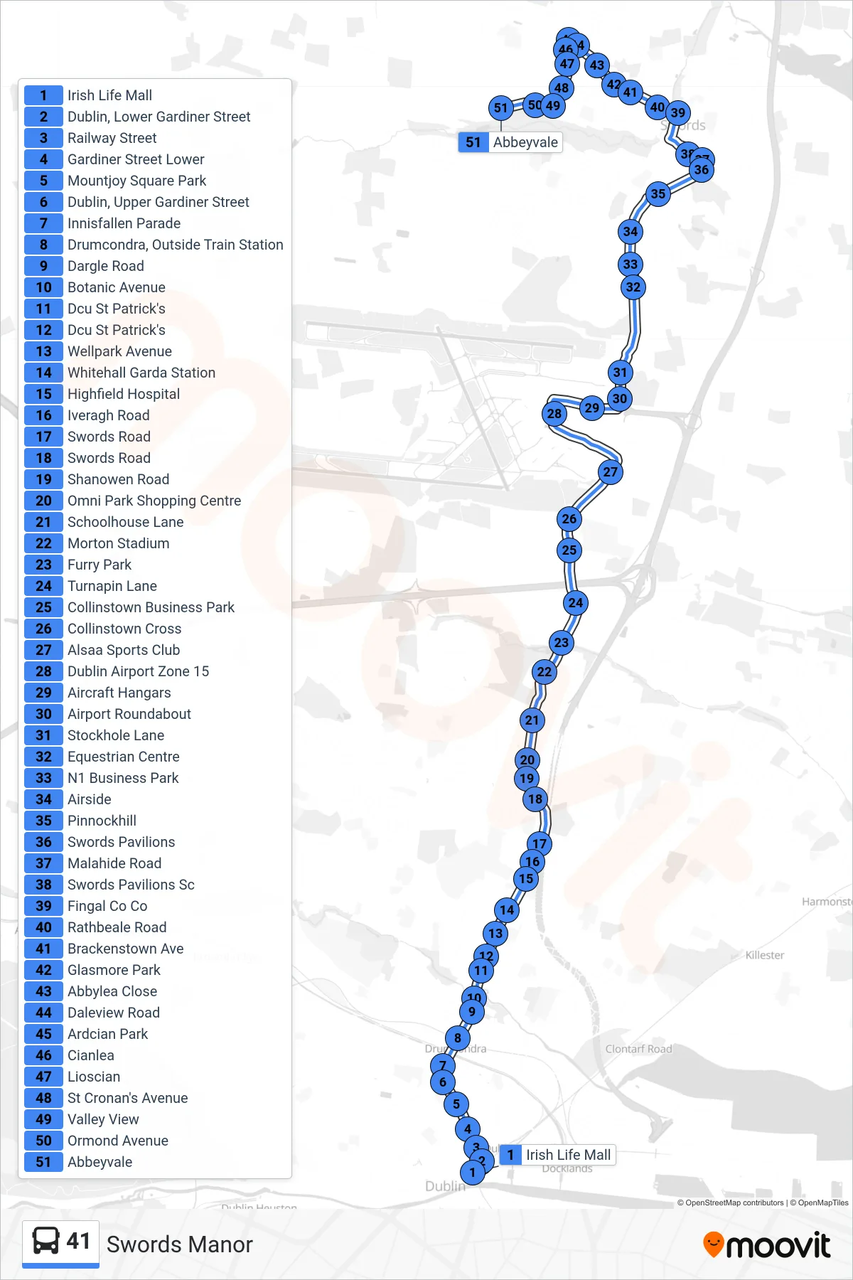 41 bus Line (Swords Manor) route and stops on a map