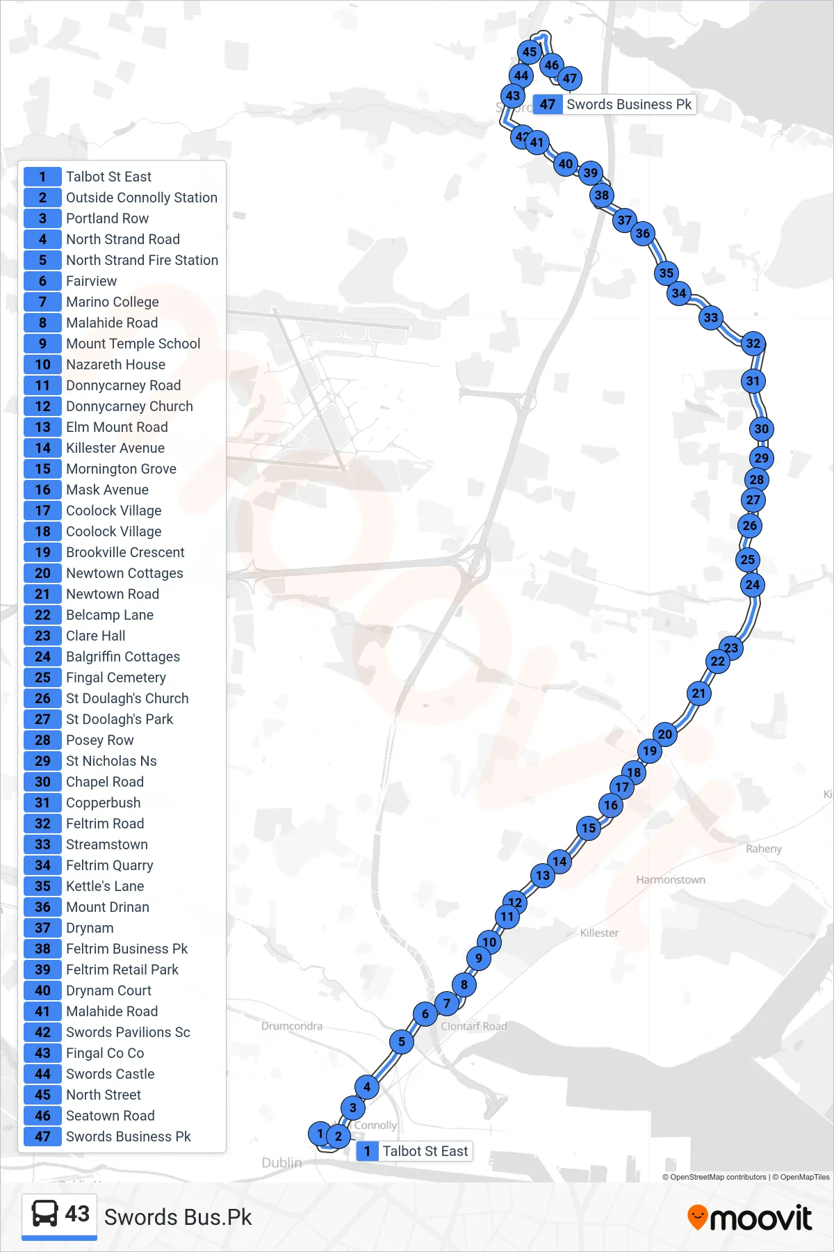43 bus Line (Swords Bus.Pk) route and stops on a map