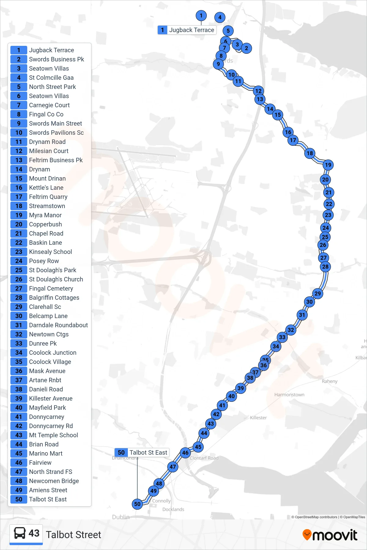 43 bus Line (Talbot Street) route and stops on a map