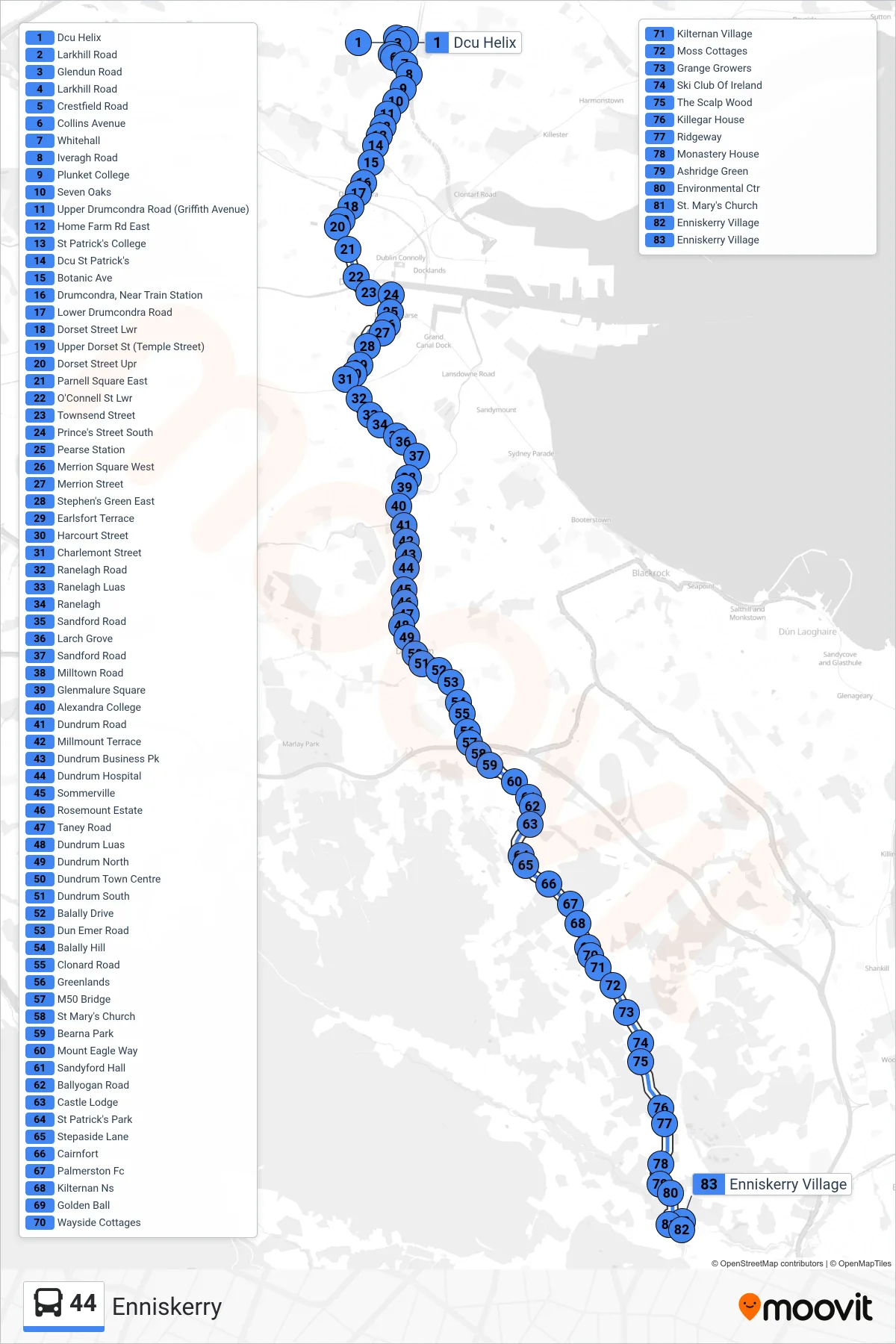 44 bus Line (Enniskerry) route and stops on a map