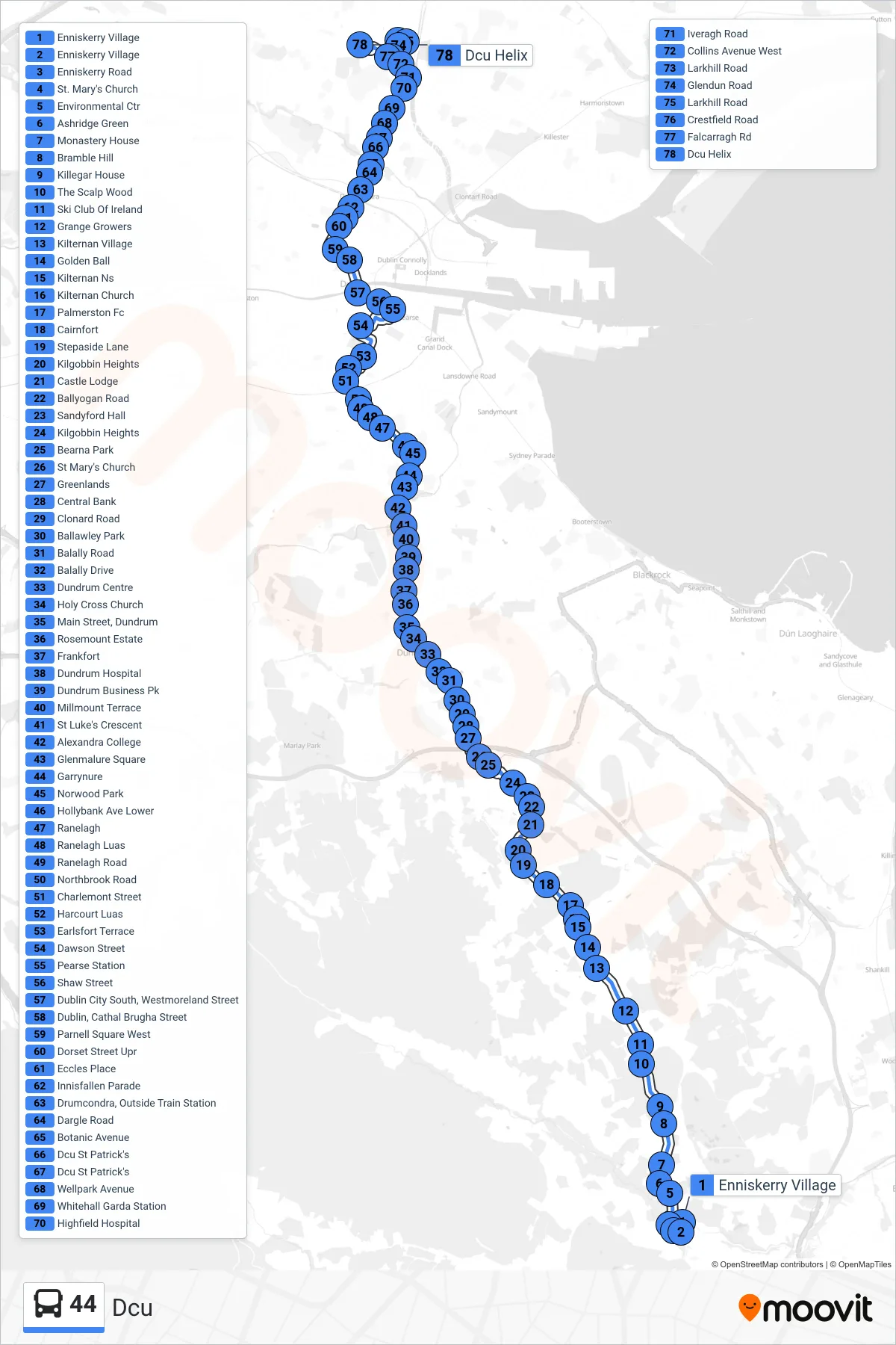 44 bus Line (Dcu) route and stops on a map