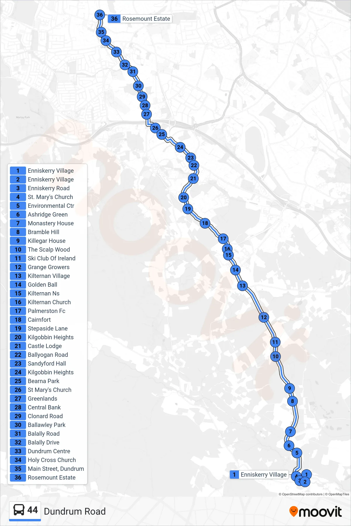 44 bus Line (Dundrum Road) route and stops on a map