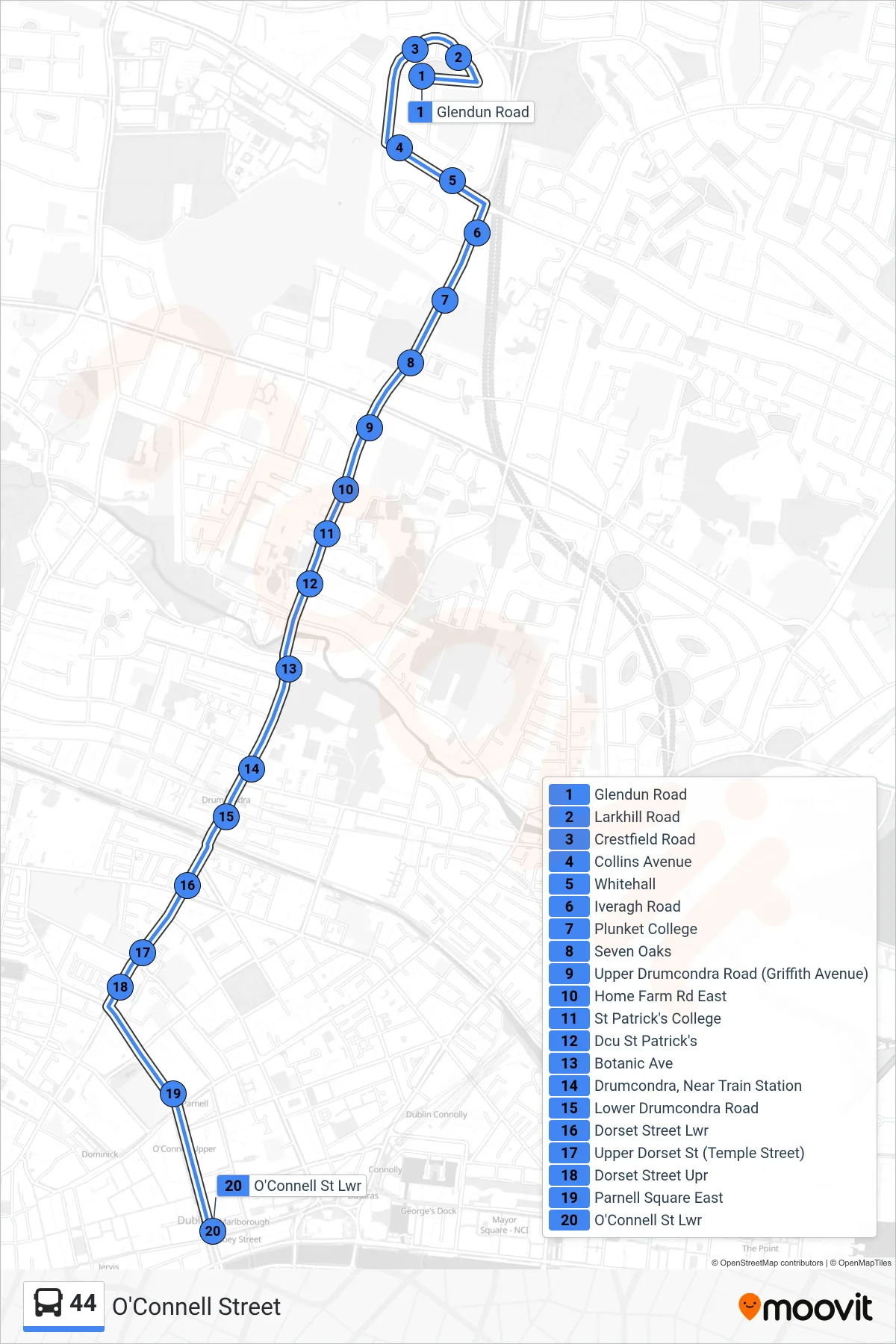 44 bus Line (O'Connell Street) route and stops on a map