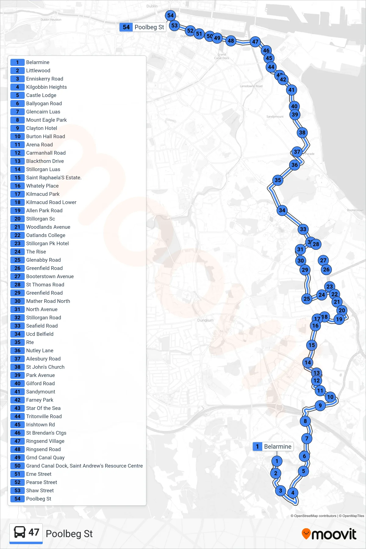 47 bus Line (Poolbeg St) route and stops on a map