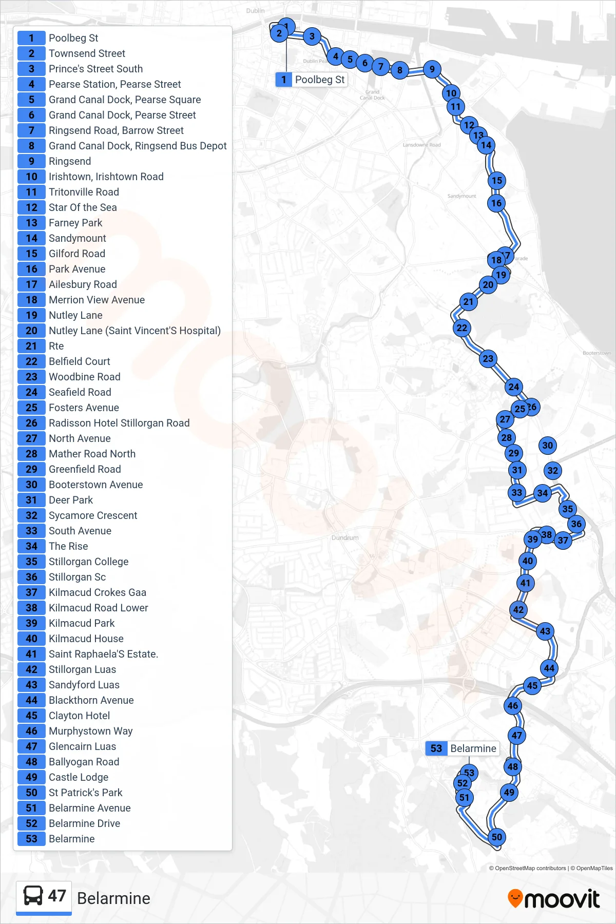 47 bus Line (Belarmine) route and stops on a map