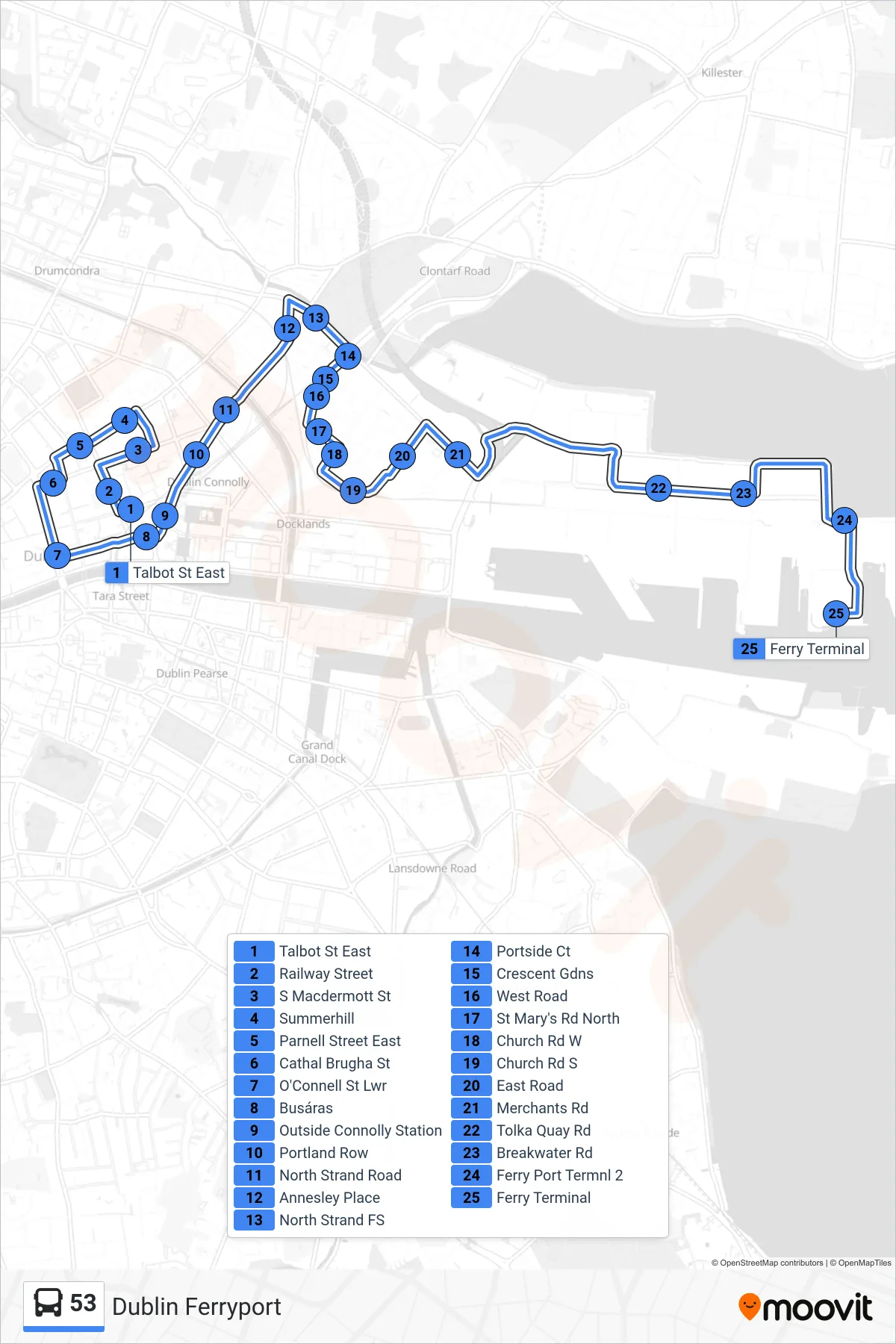 53 bus Line (Dublin Ferryport) route and stops on a map