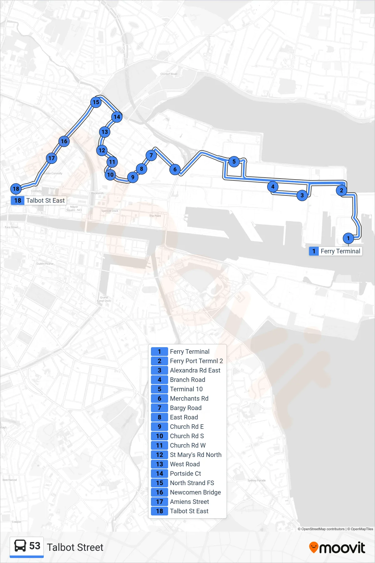 53 bus Line (Talbot Street) route and stops on a map