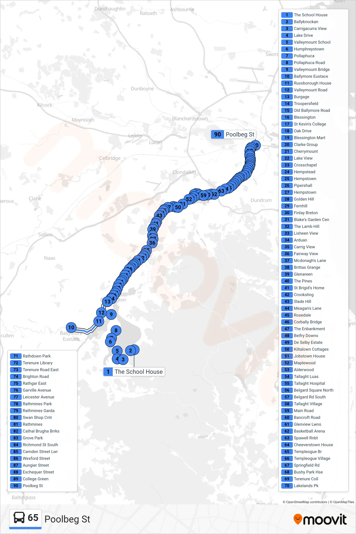 65 bus Line (Poolbeg St) route and stops on a map