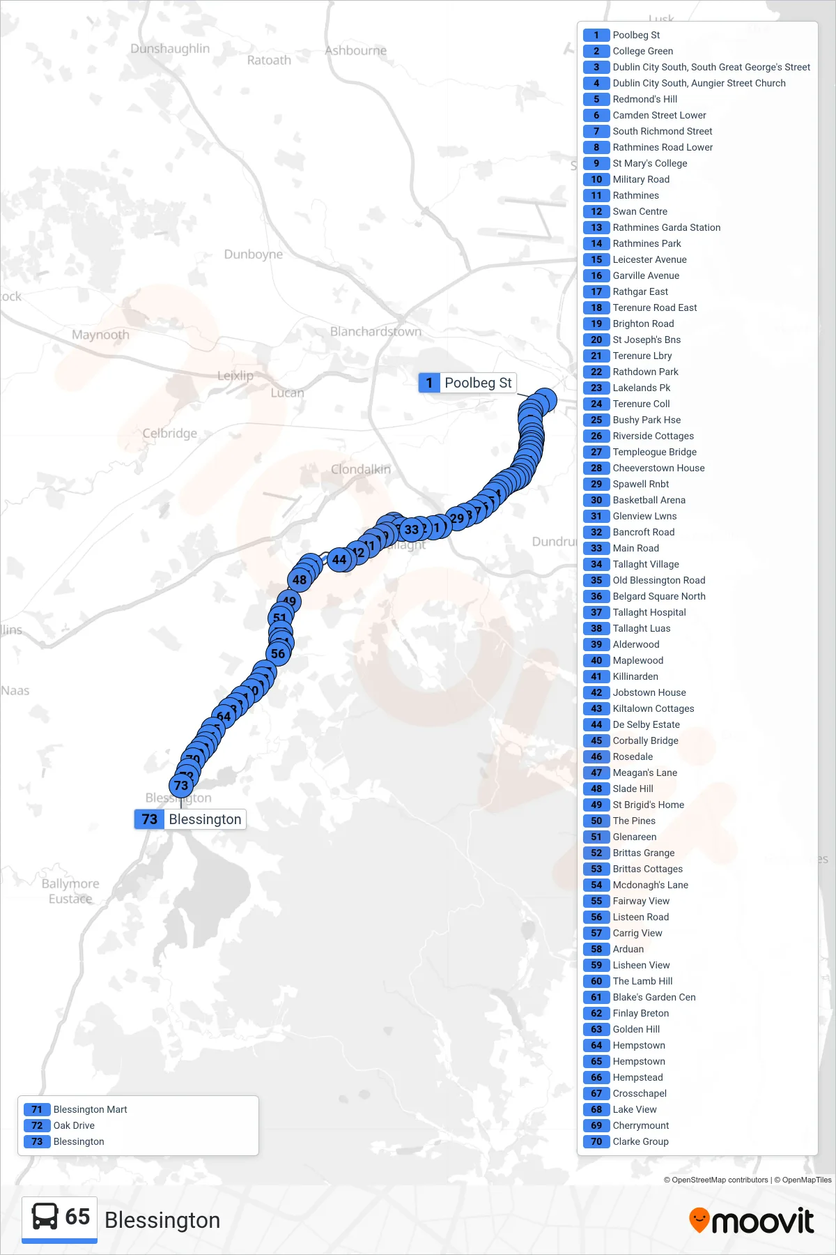 65 bus Line (Blessington) route and stops on a map