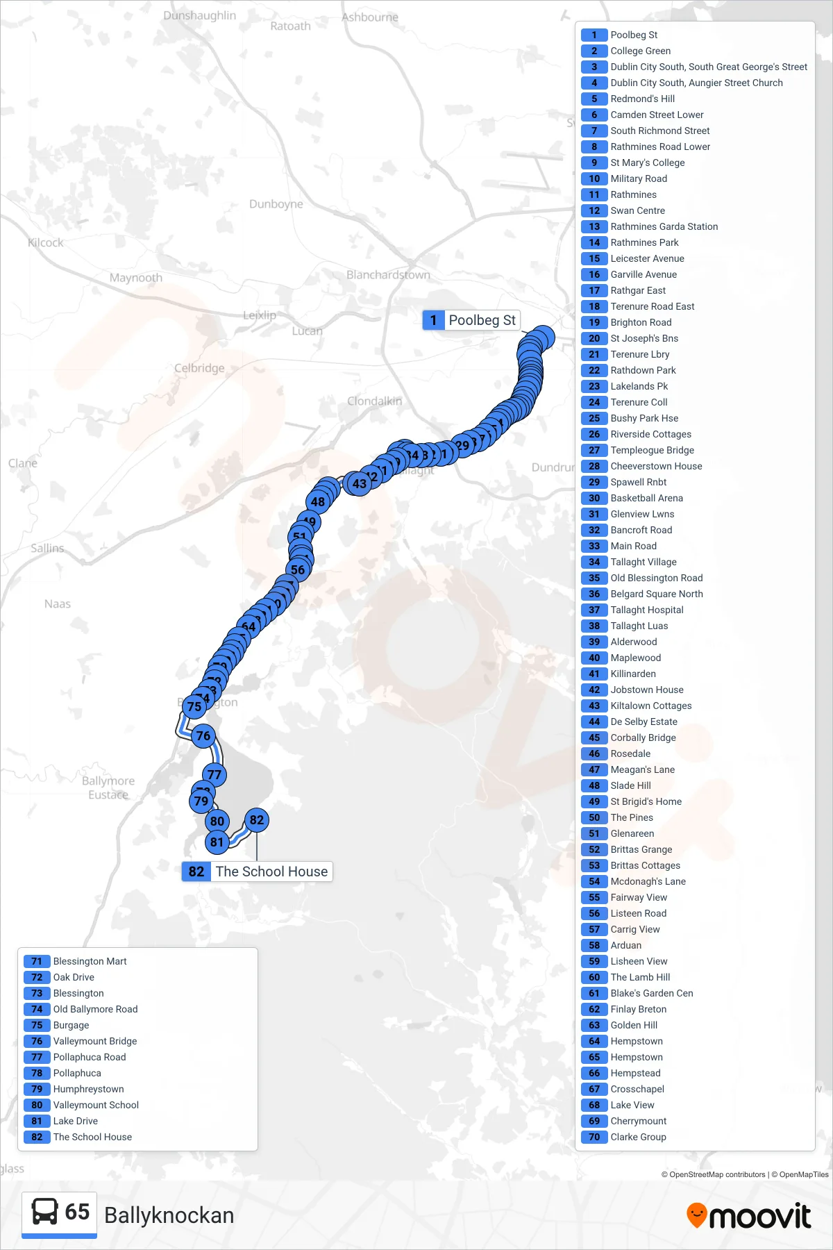 65 bus Line (Ballyknockan) route and stops on a map