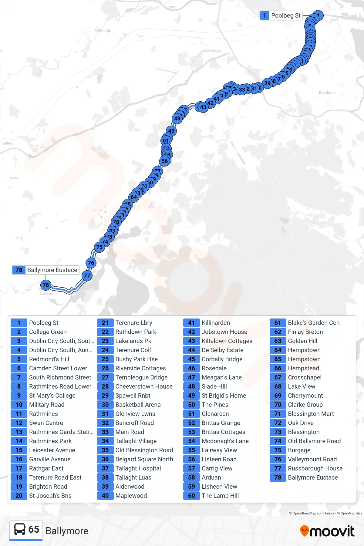 65 bus Line (Ballymore) route and stops on a map