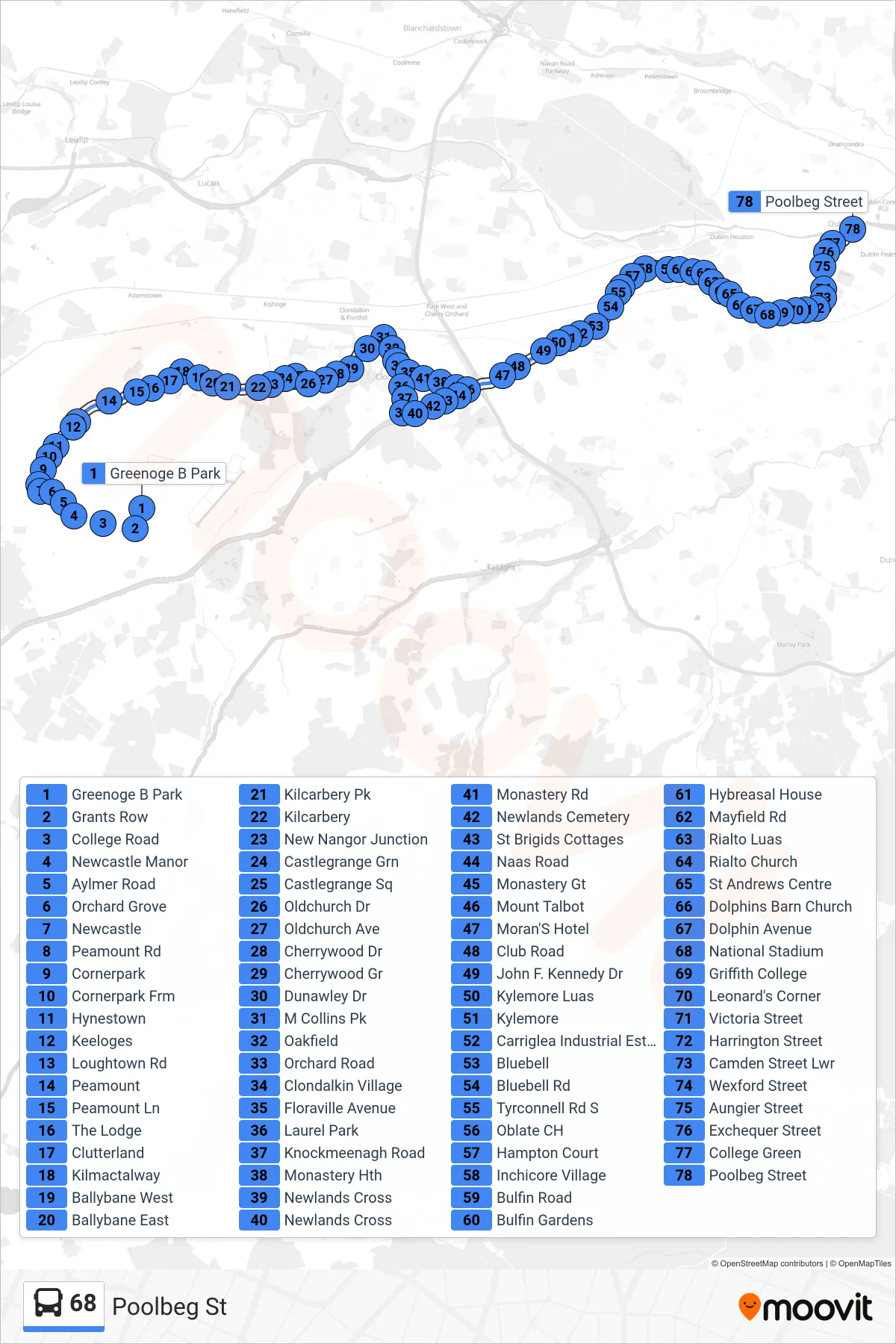 68 bus Line (Poolbeg St) route and stops on a map