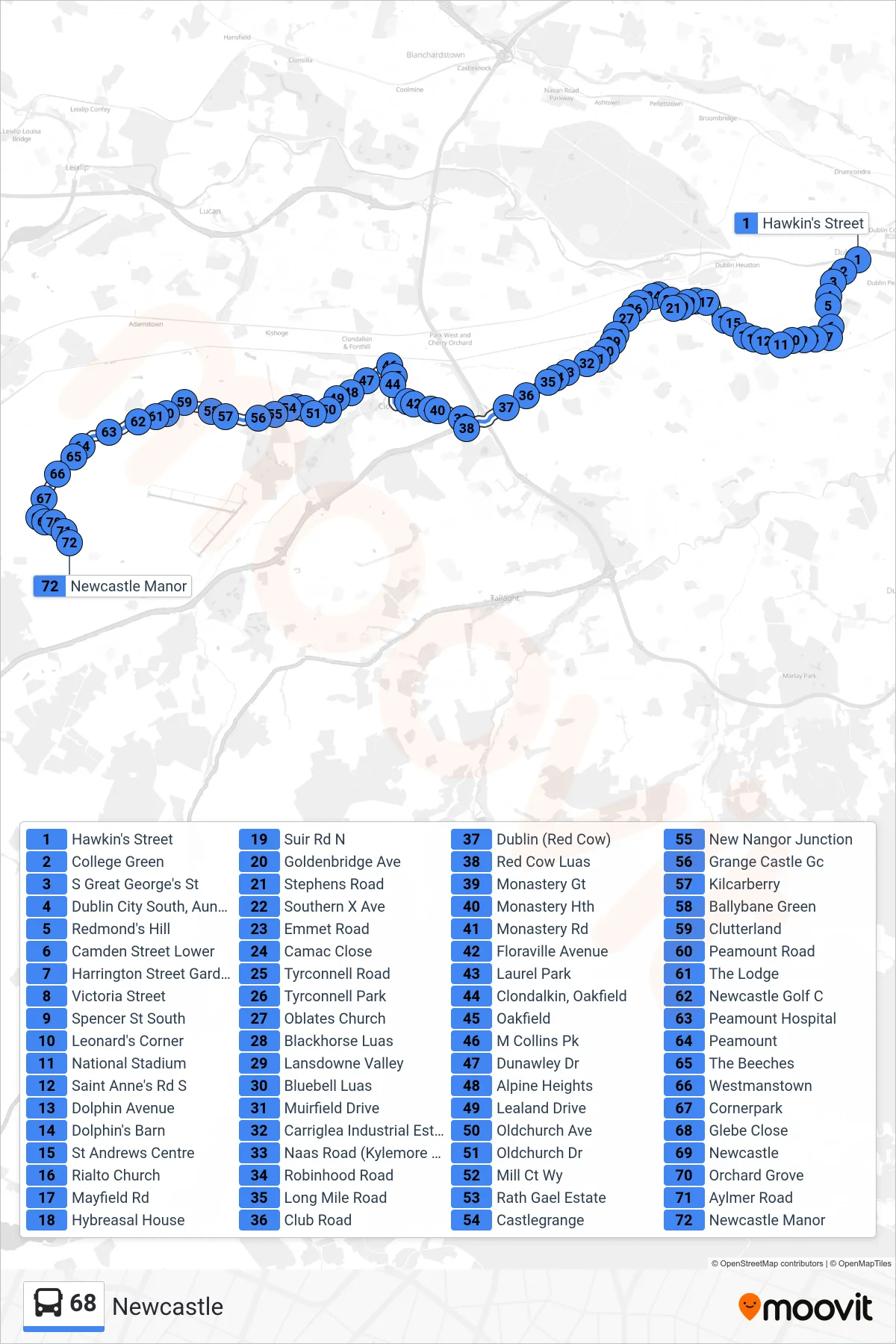 68 bus Line (Newcastle) route and stops on a map