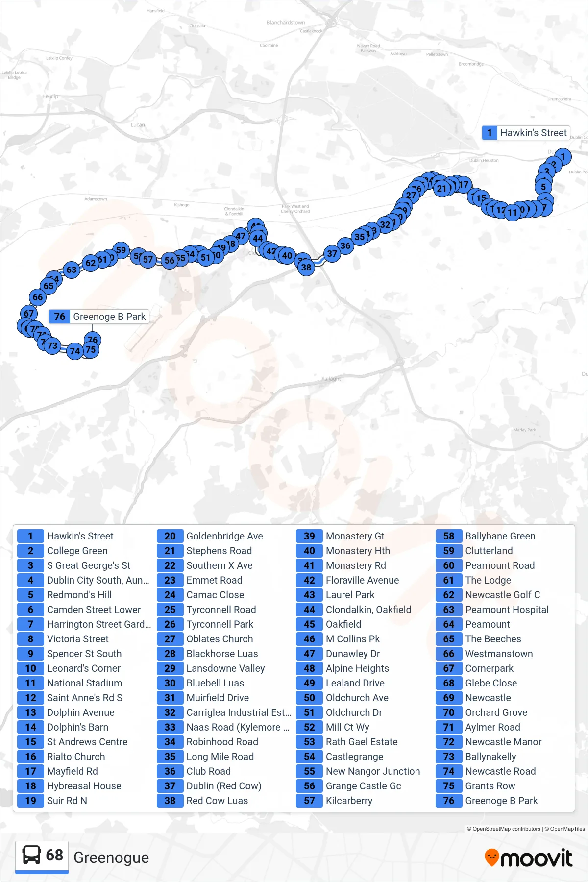 68 bus Line (Greenogue) route and stops on a map