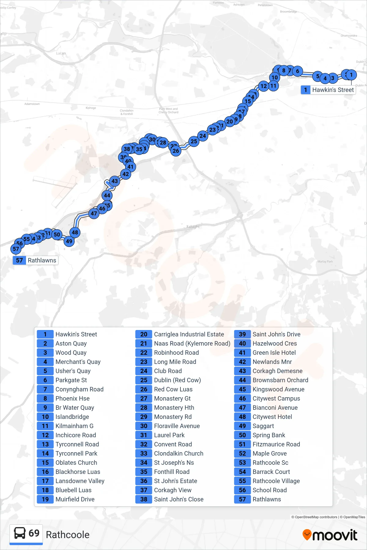 69 bus Line (Rathcoole) route and stops on a map